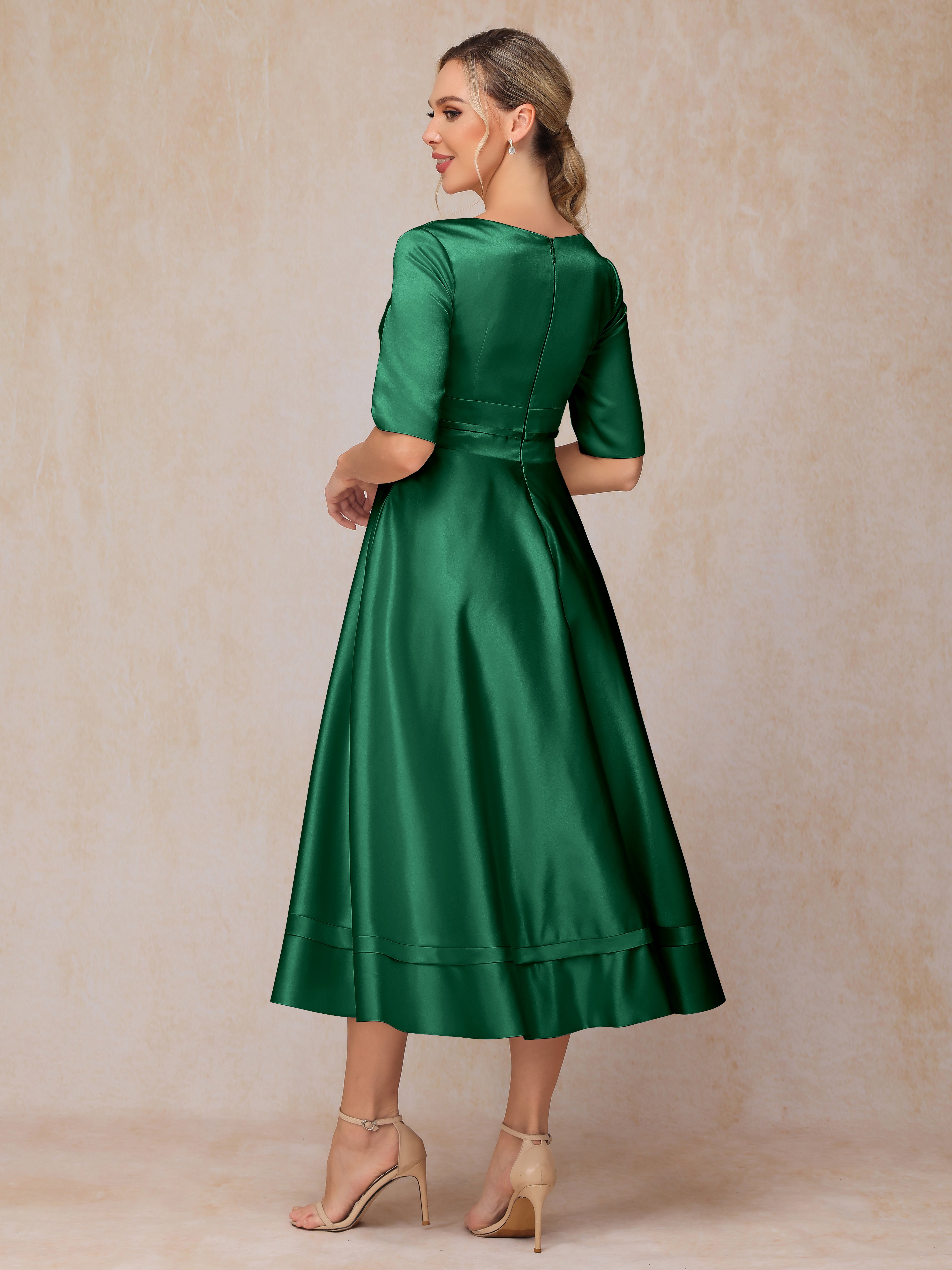V Neck Short Sleeves Tea Length Satin Mother Of The Bride Dress