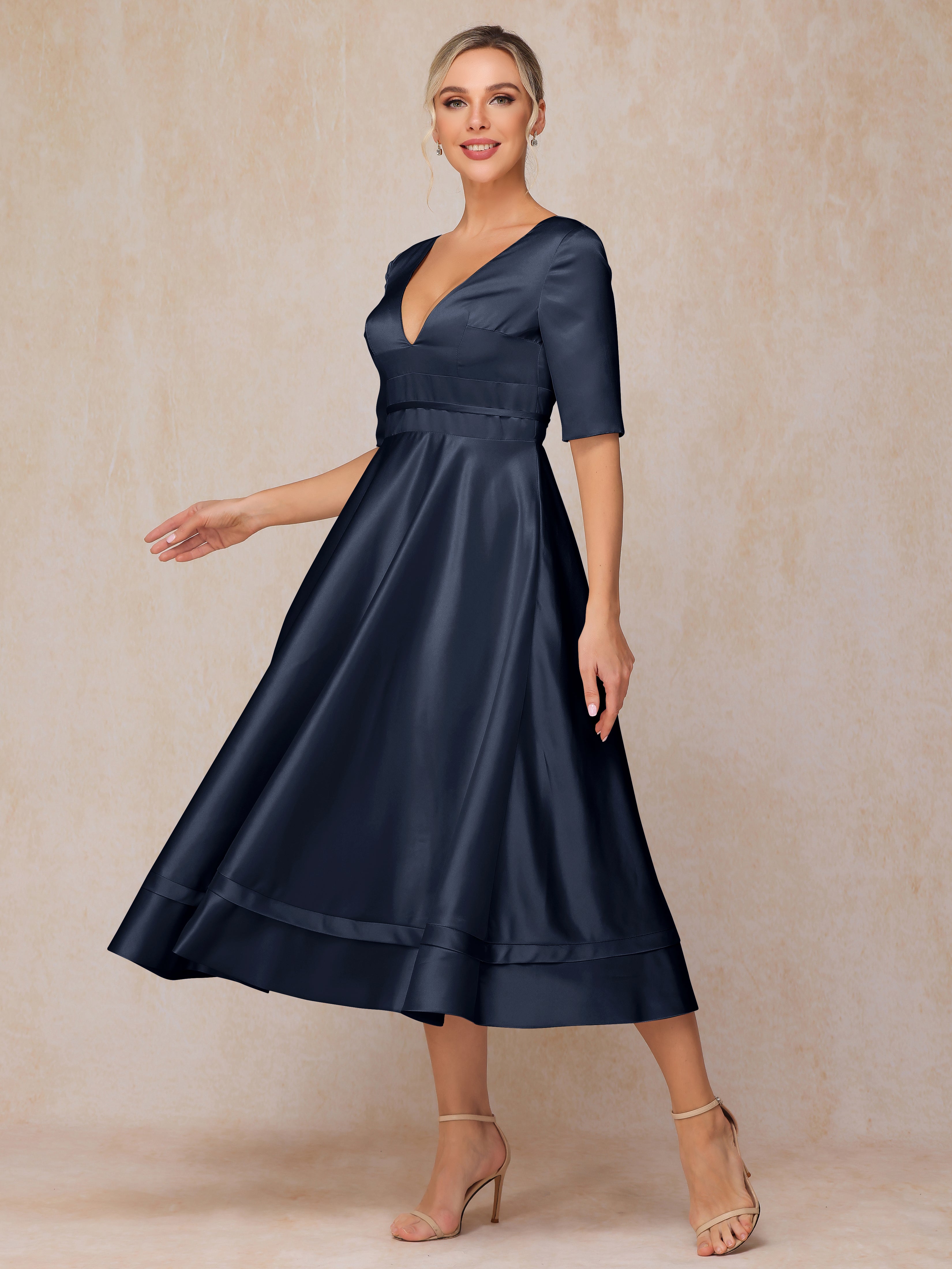 V Neck Short Sleeves Tea Length Satin Mother Of The Bride Dress