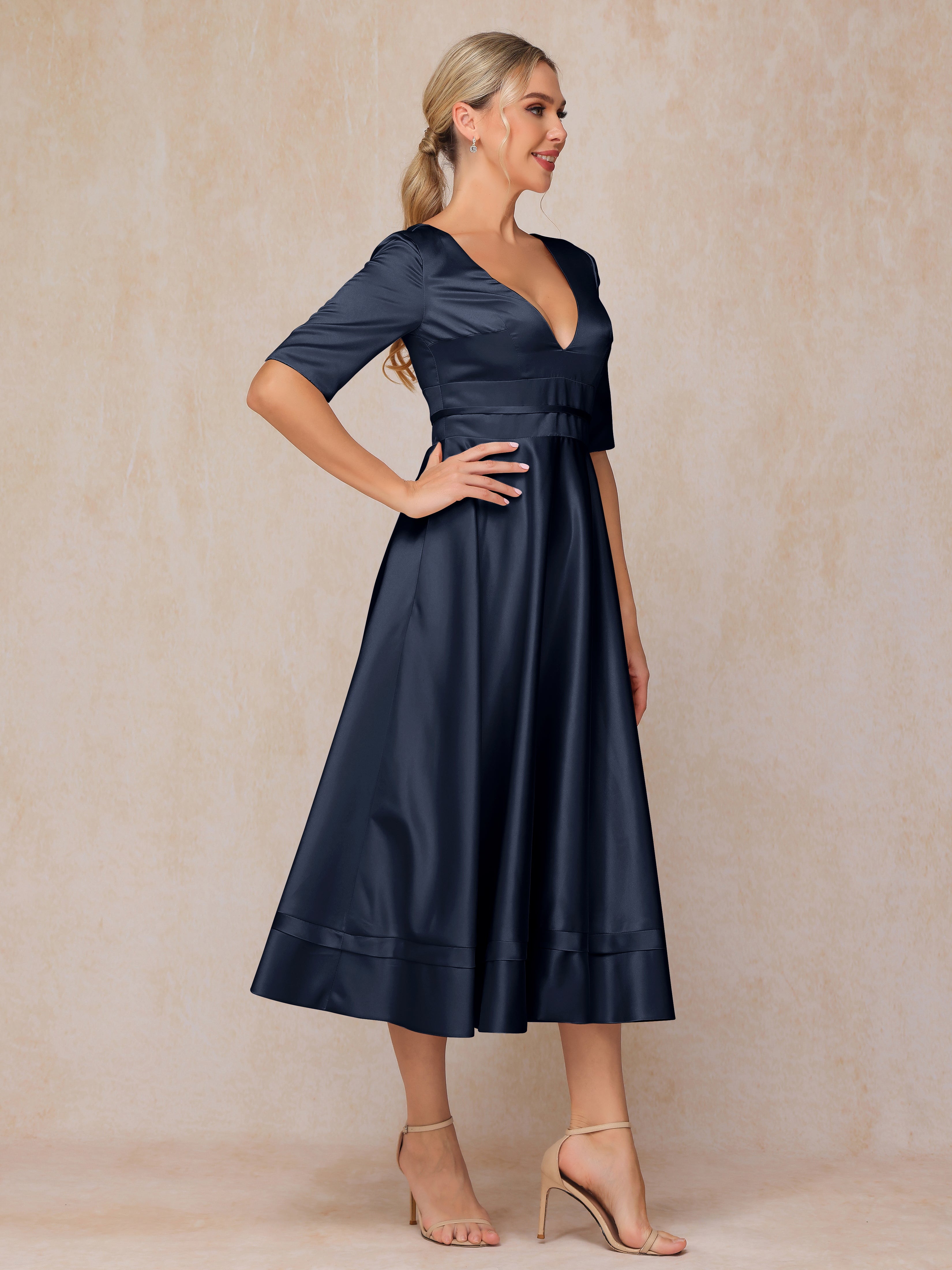 V Neck Short Sleeves Tea Length Satin Mother Of The Bride Dress