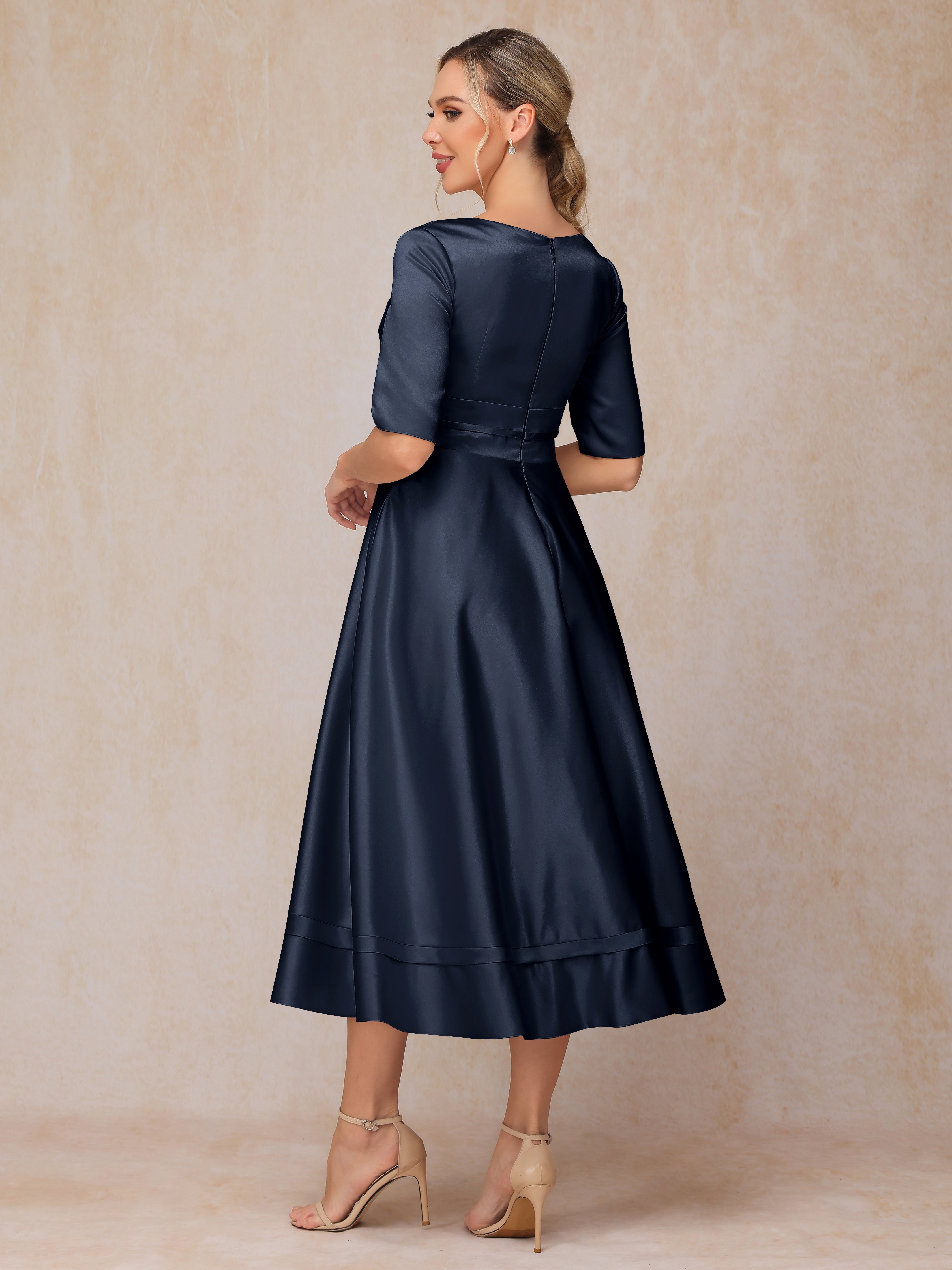 V Neck Short Sleeves Tea Length Satin Mother Of The Bride Dress