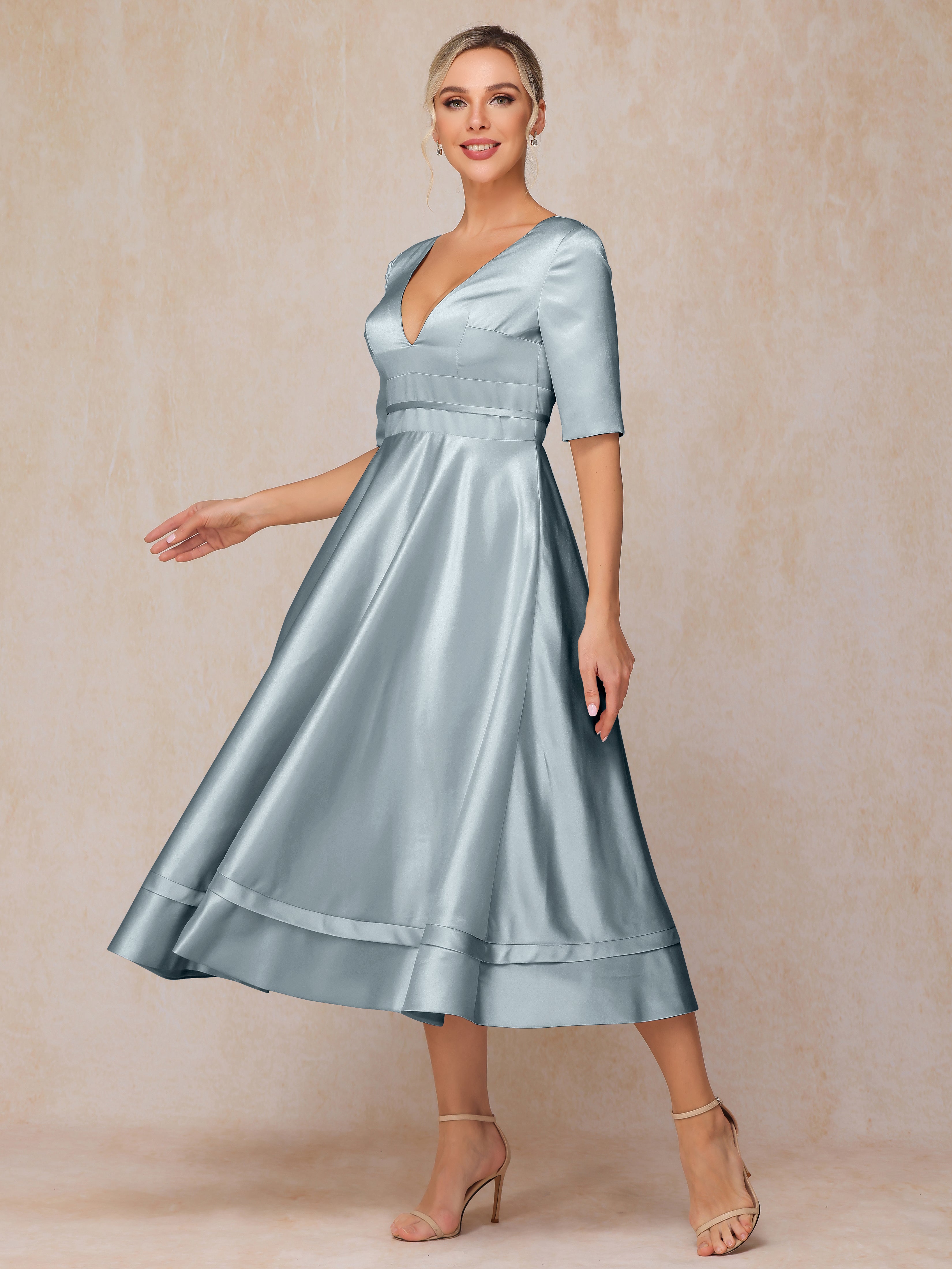 V Neck Short Sleeves Tea Length Satin Mother Of The Bride Dress