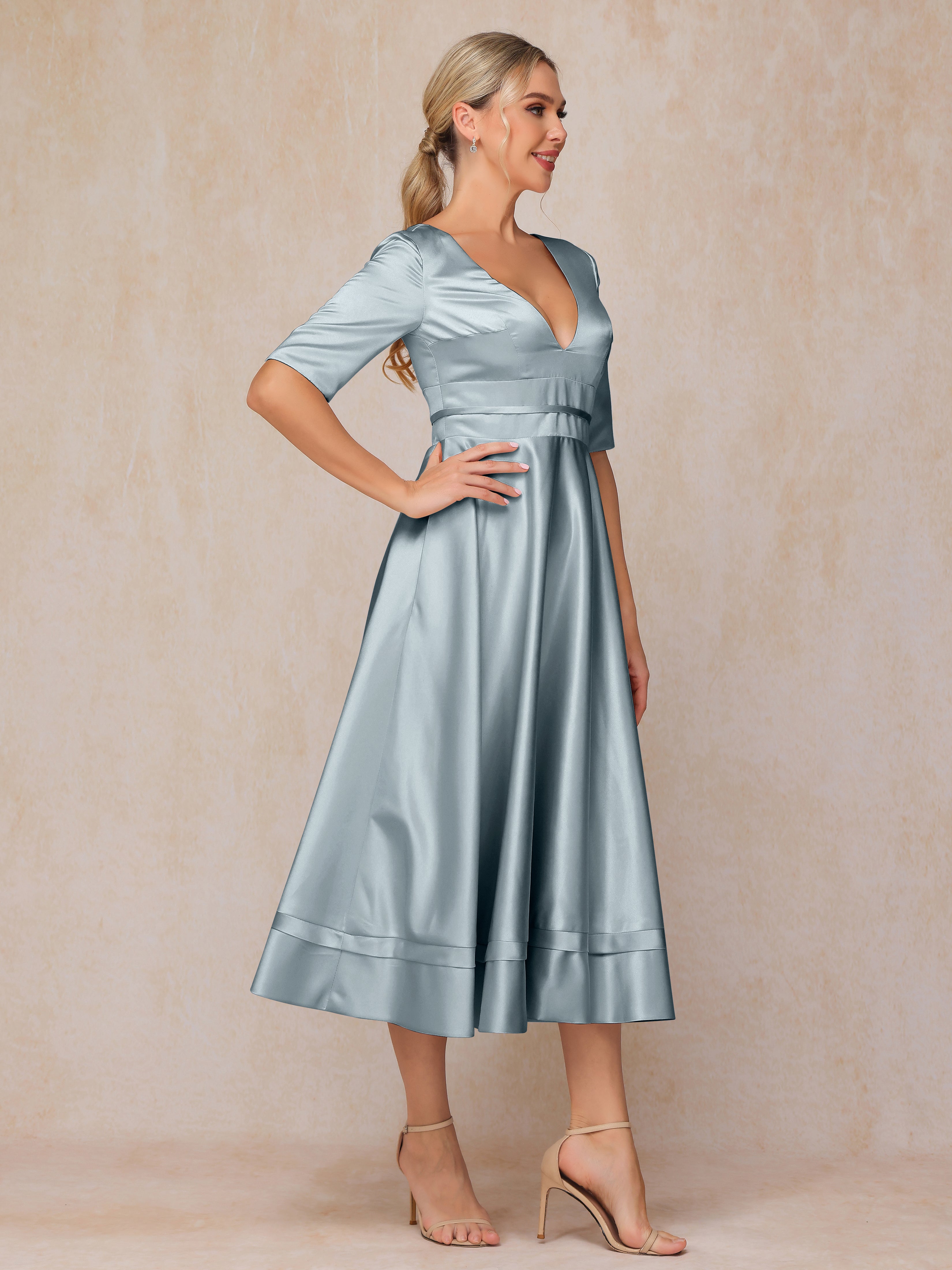 V Neck Short Sleeves Tea Length Satin Mother Of The Bride Dress