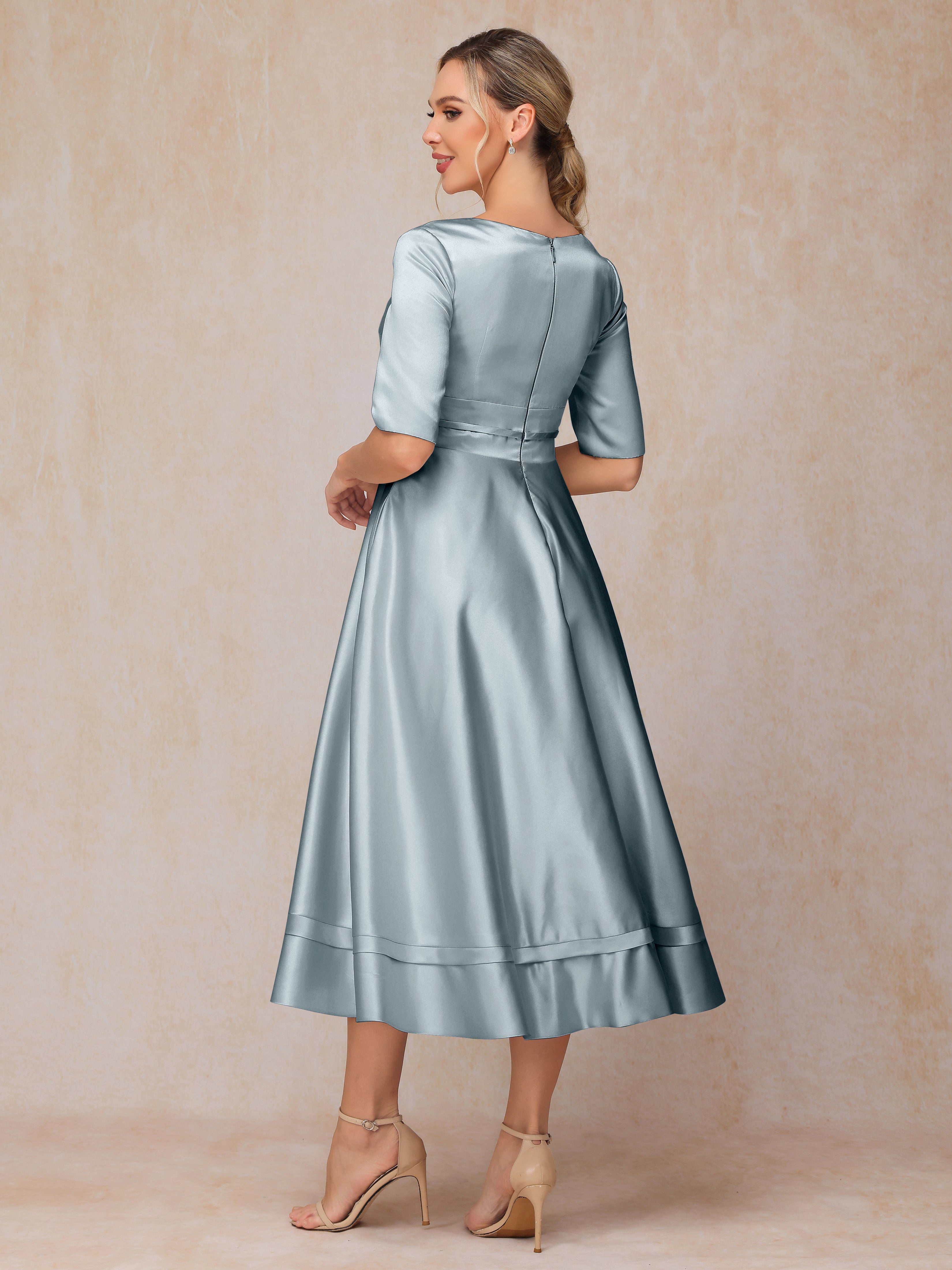 V Neck Short Sleeves Tea Length Satin Mother Of The Bride Dress
