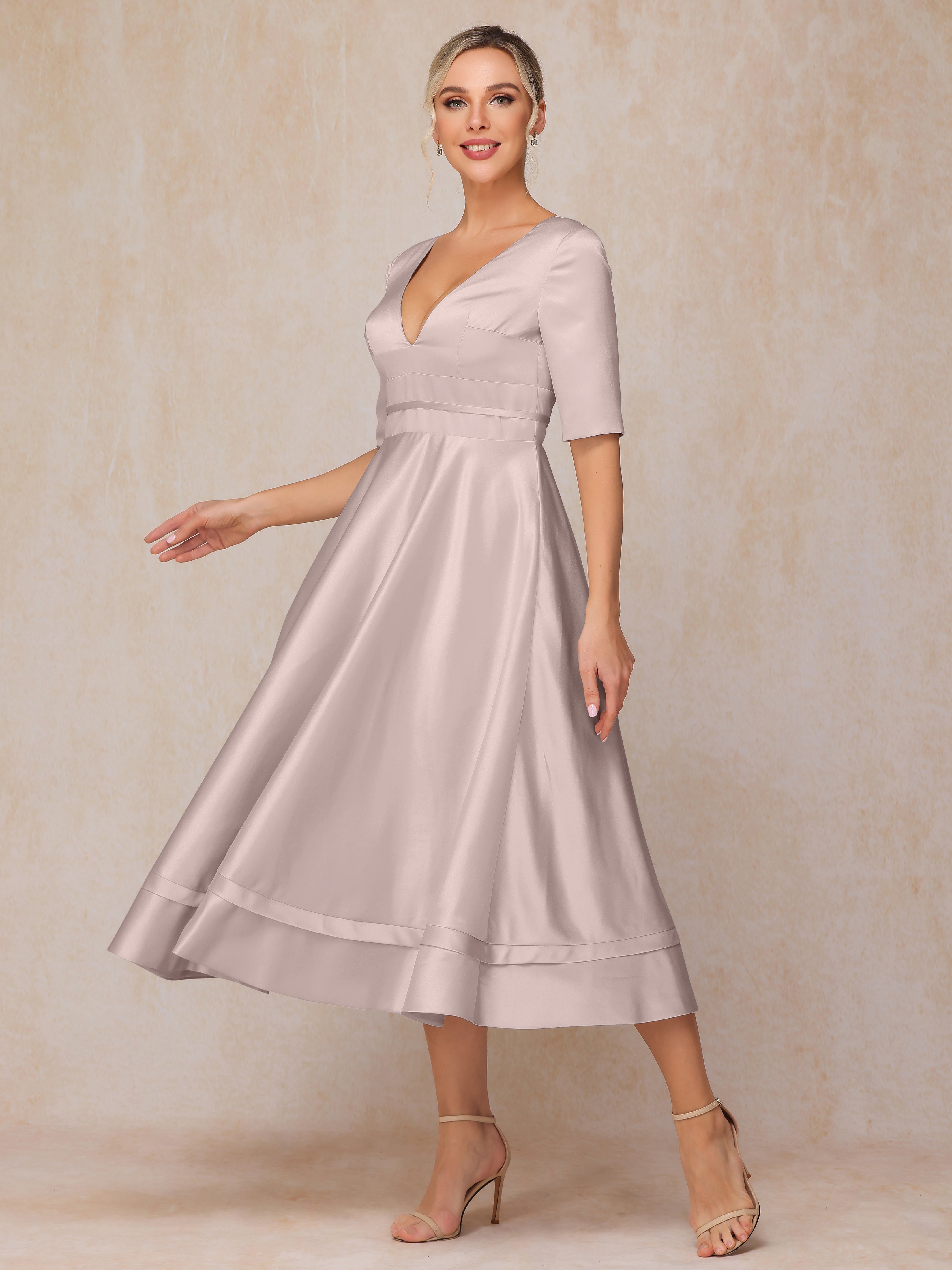 V Neck Short Sleeves Tea Length Satin Mother Of The Bride Dress