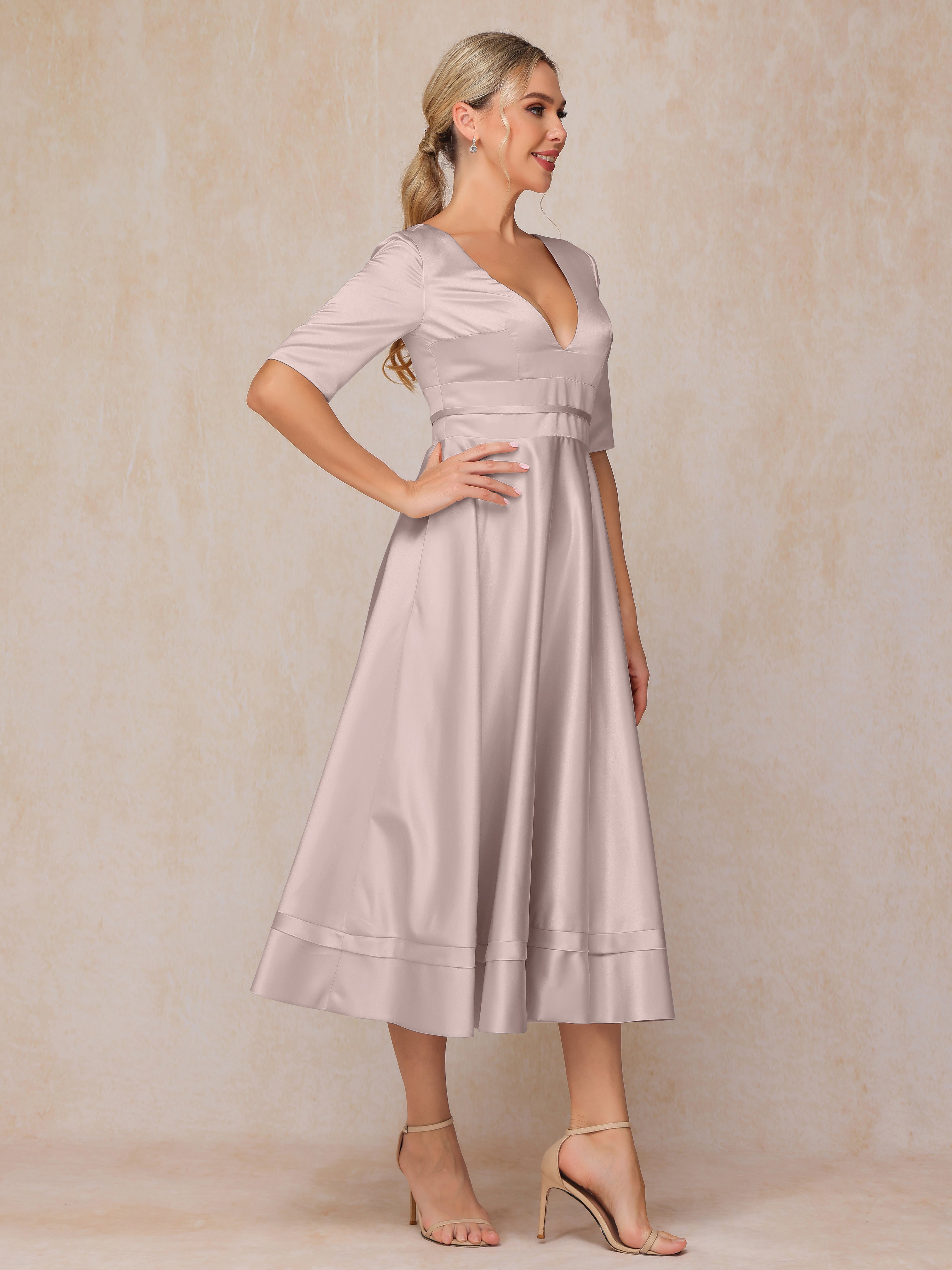 V Neck Short Sleeves Tea Length Satin Mother Of The Bride Dress