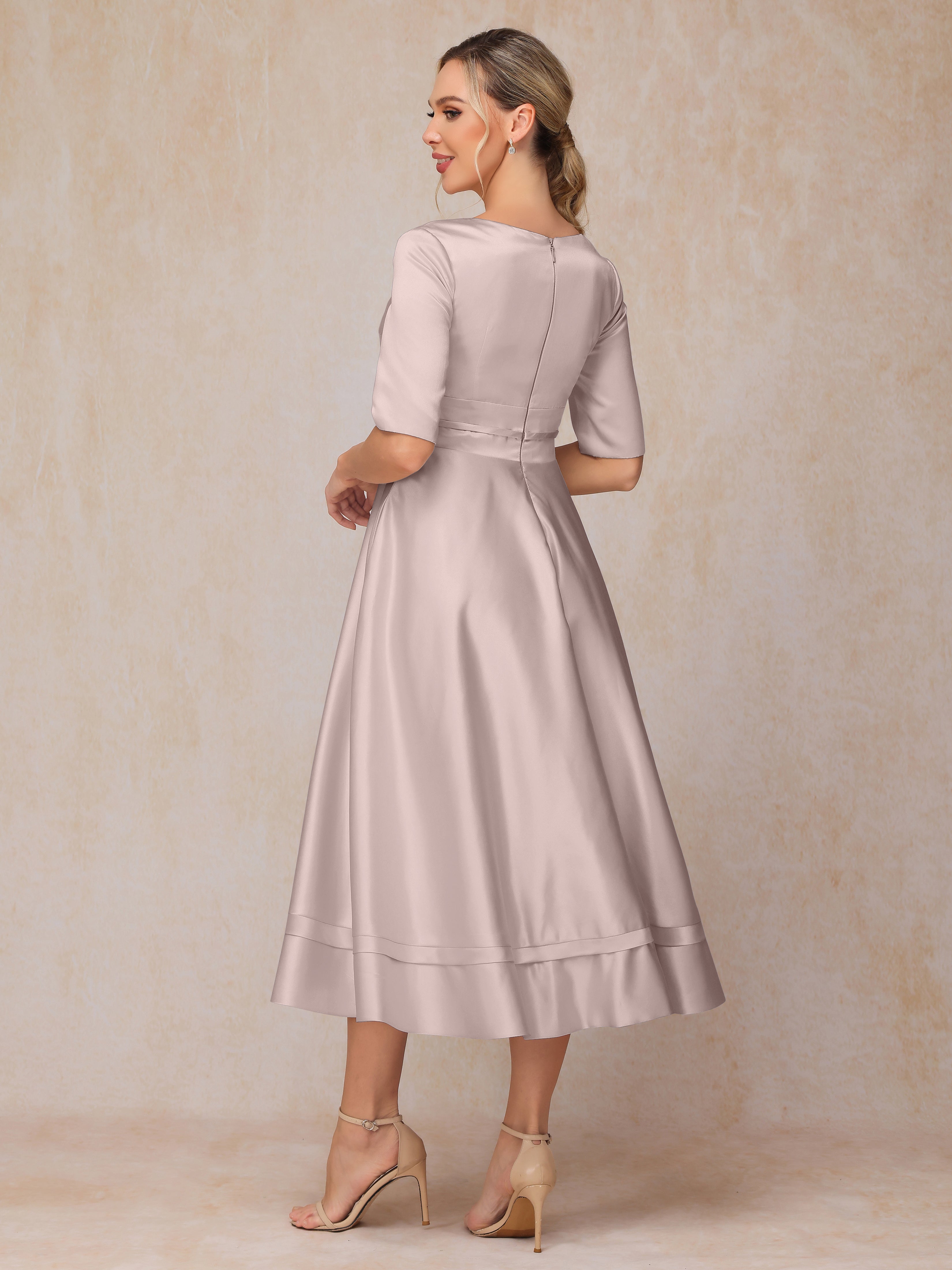 V Neck Short Sleeves Tea Length Satin Mother Of The Bride Dress