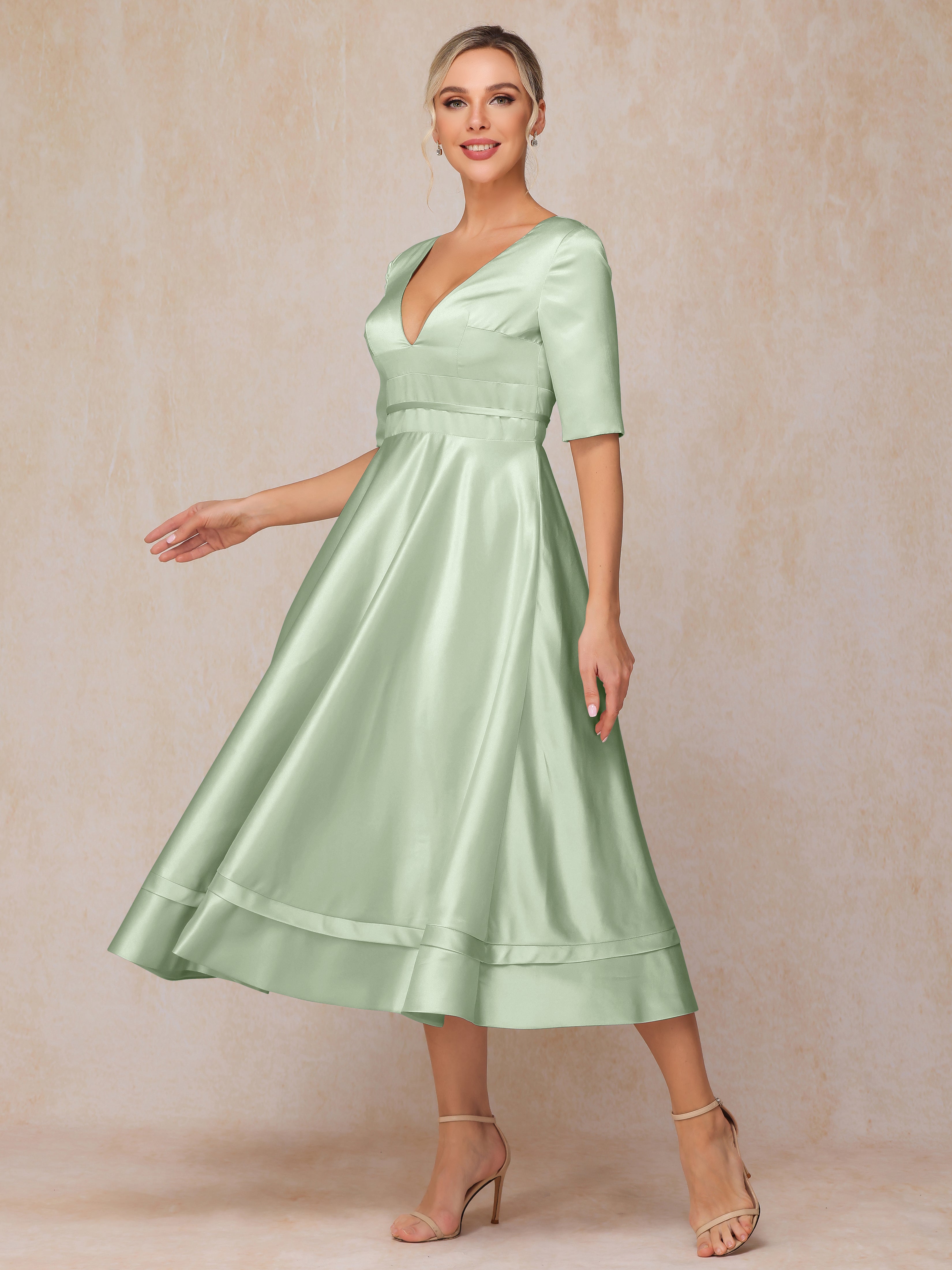V Neck Short Sleeves Tea Length Satin Mother Of The Bride Dress