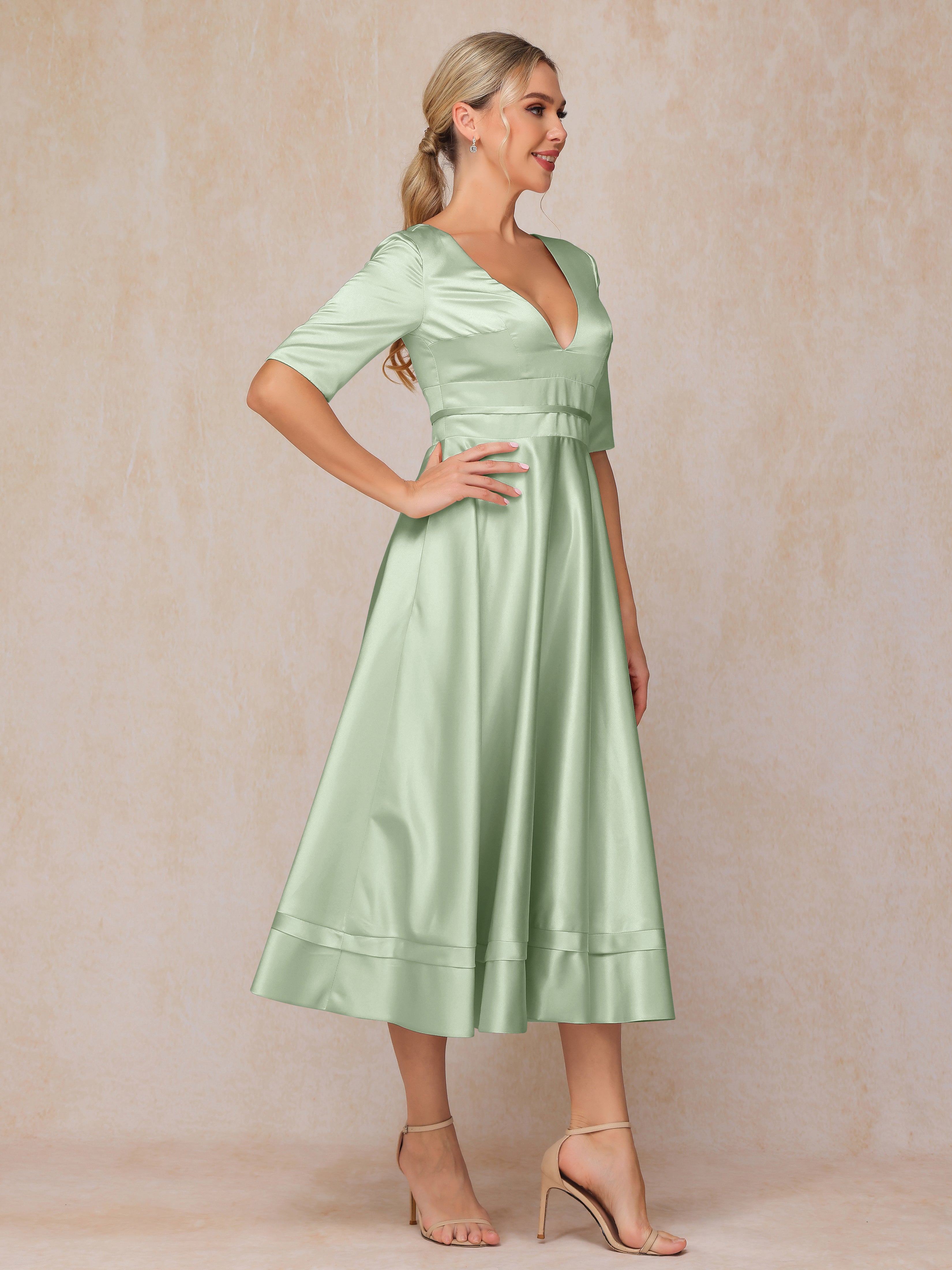 V Neck Short Sleeves Tea Length Satin Mother Of The Bride Dress