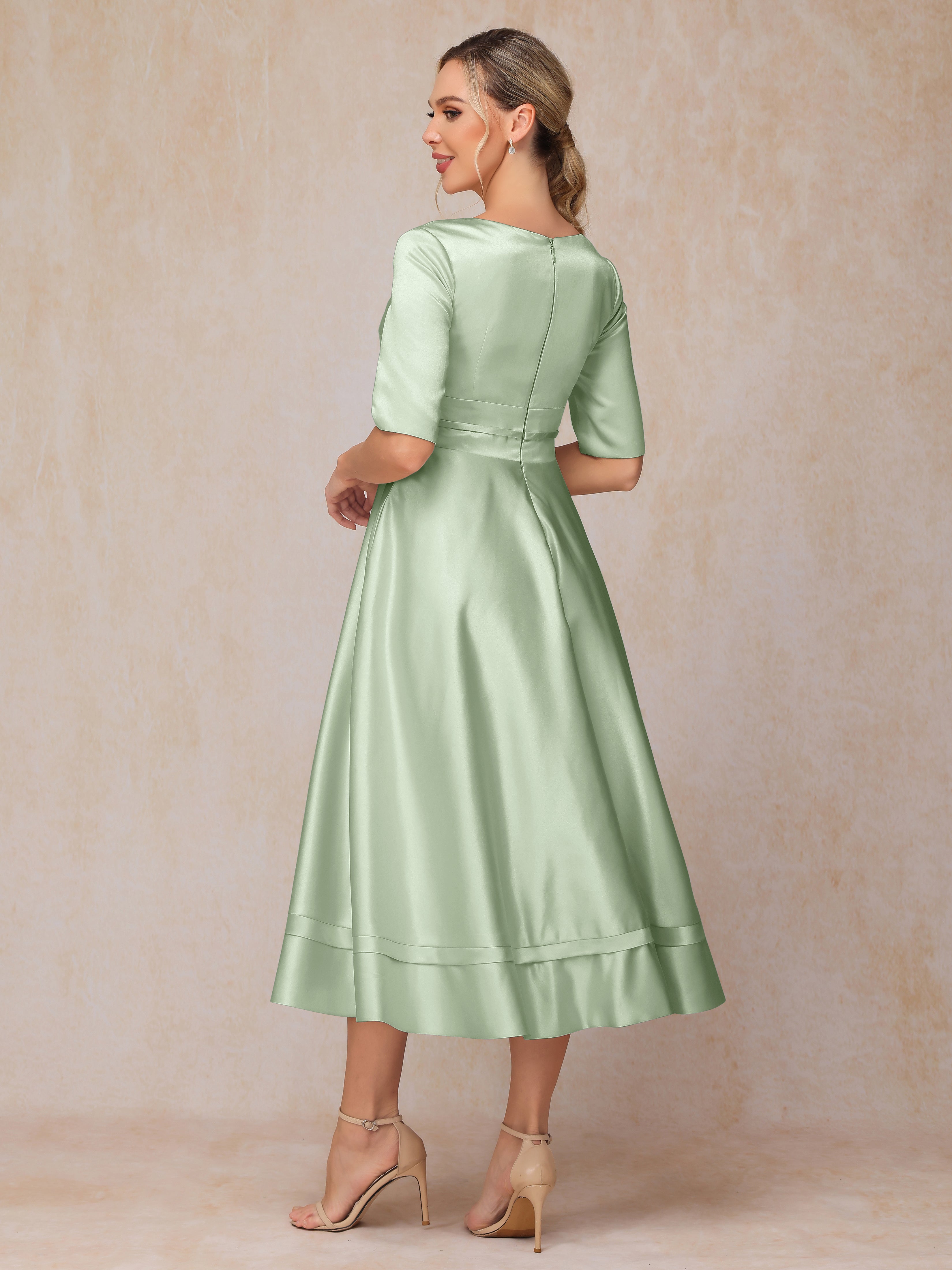 V Neck Short Sleeves Tea Length Satin Mother Of The Bride Dress