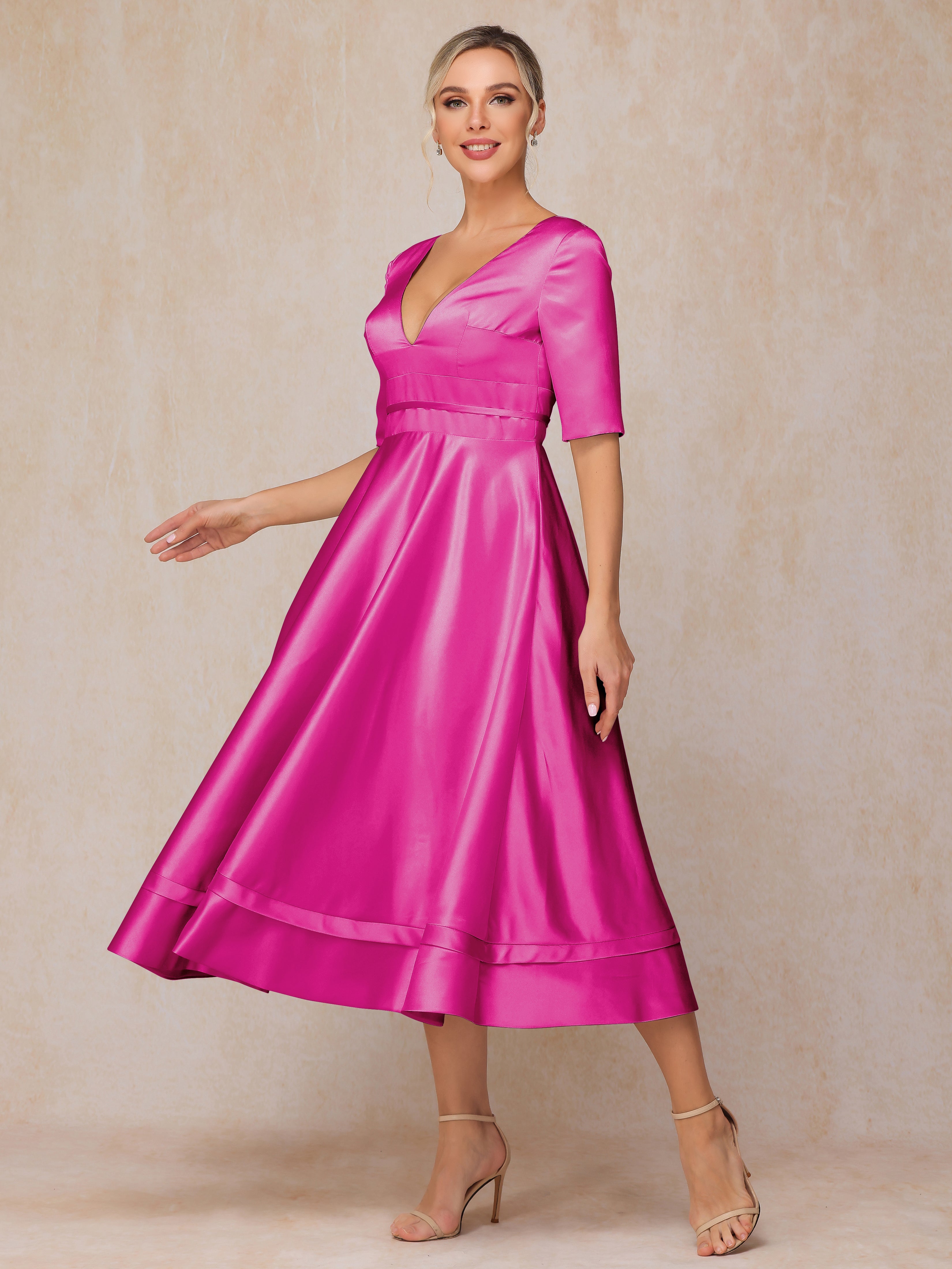 V Neck Short Sleeves Tea Length Satin Mother Of The Groom Dress