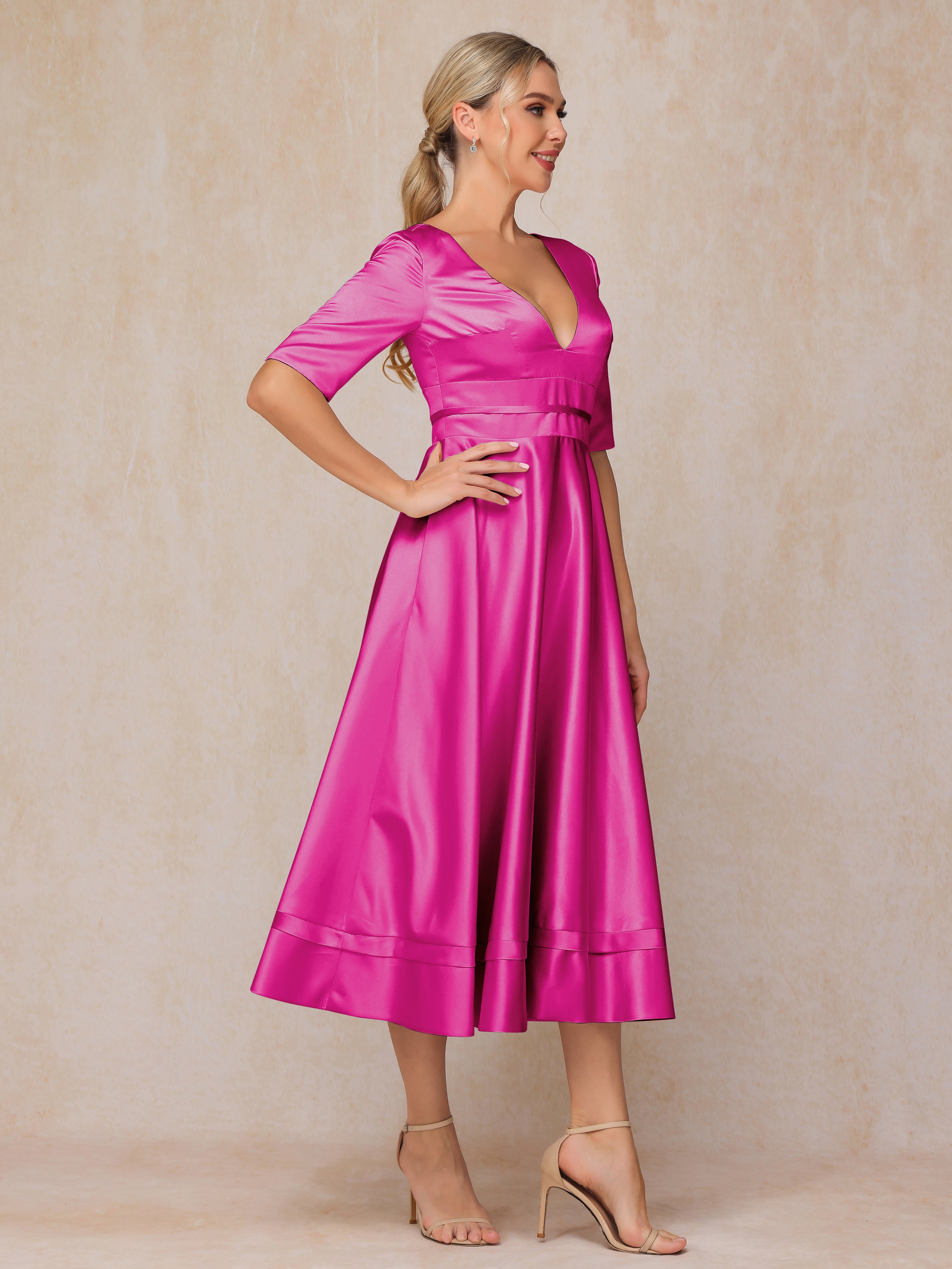 V Neck Short Sleeves Tea Length Satin Mother Of The Bride Dress