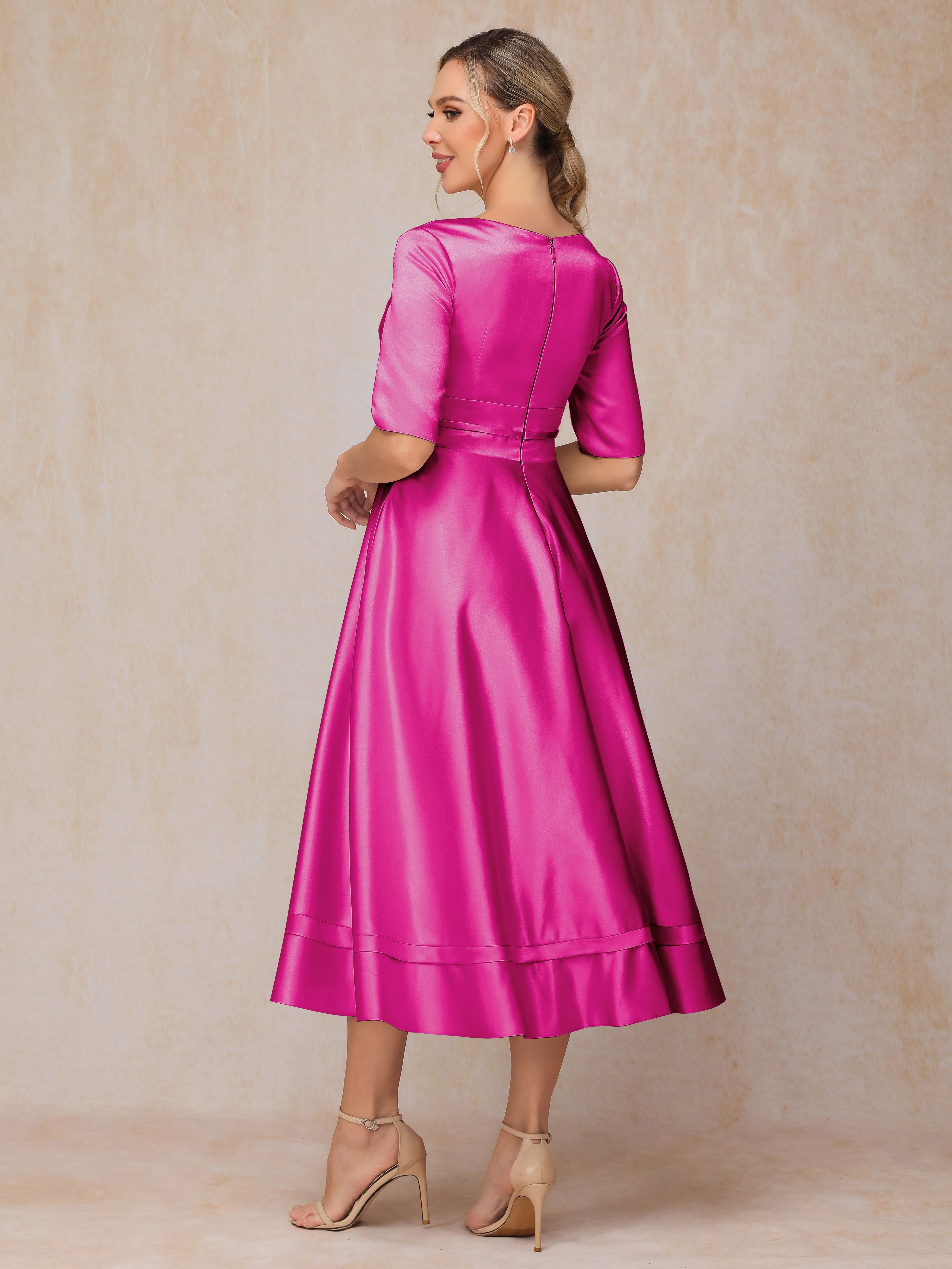 V Neck Short Sleeves Tea Length Satin Mother Of The Bride Dress