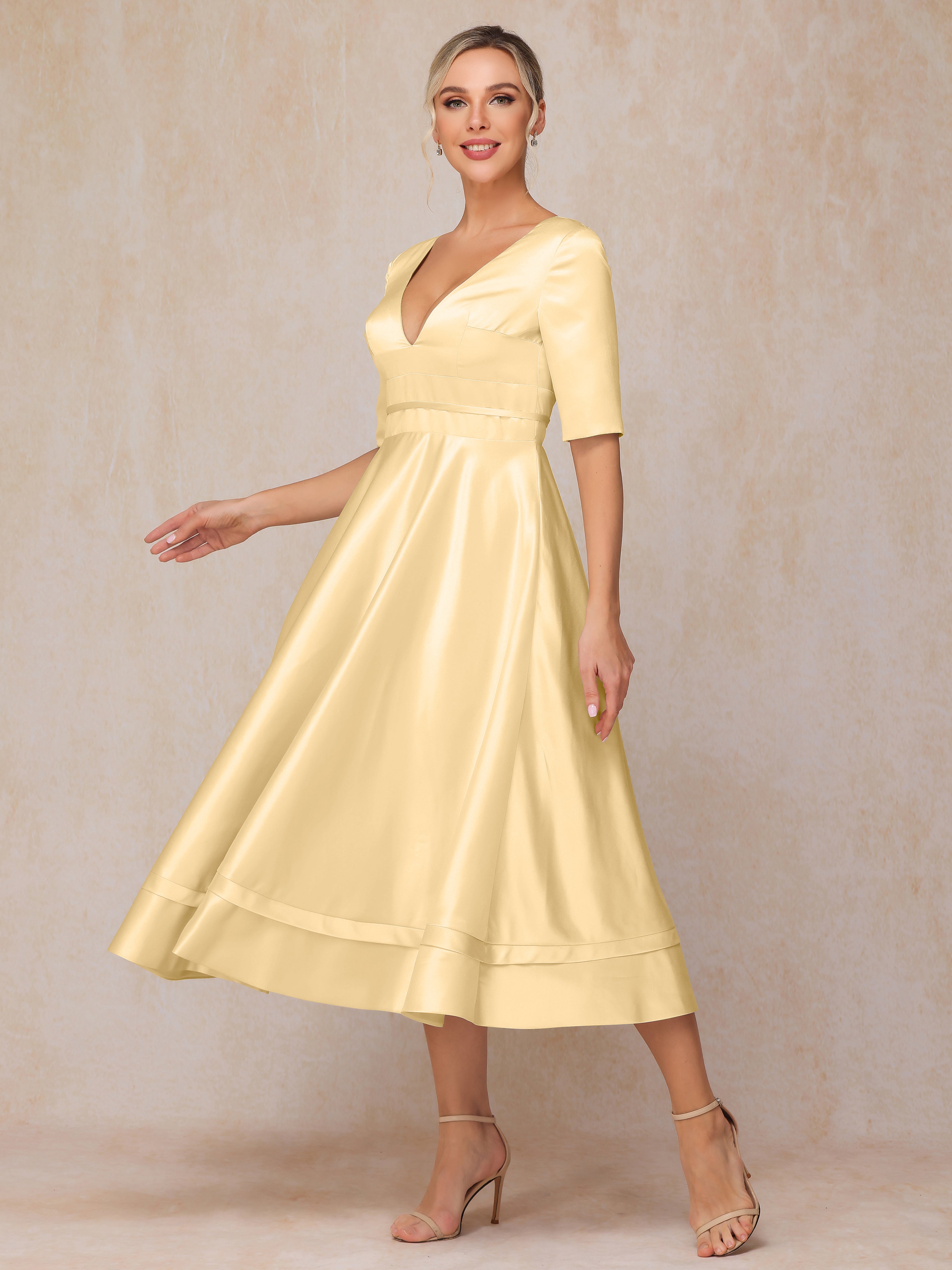 V Neck Short Sleeves Tea Length Satin Mother Of The Bride Dress