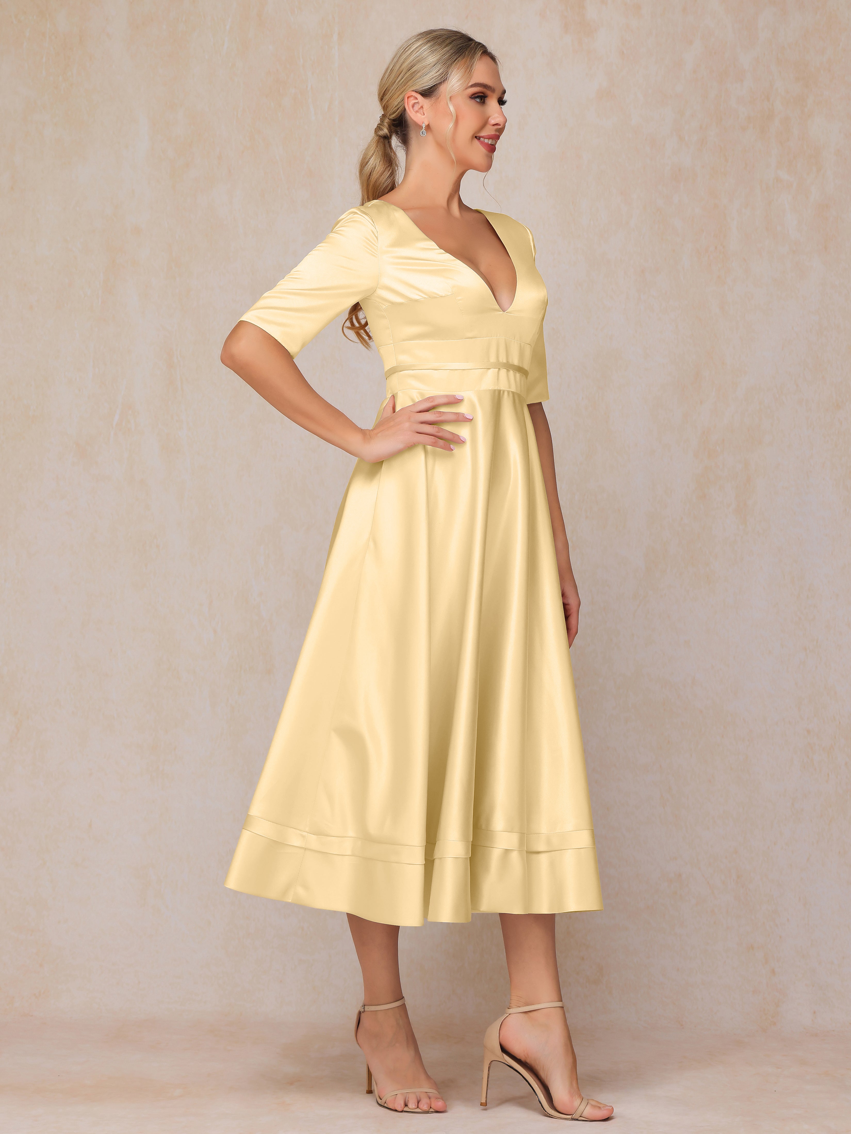 V Neck Short Sleeves Tea Length Satin Mother Of The Bride Dress