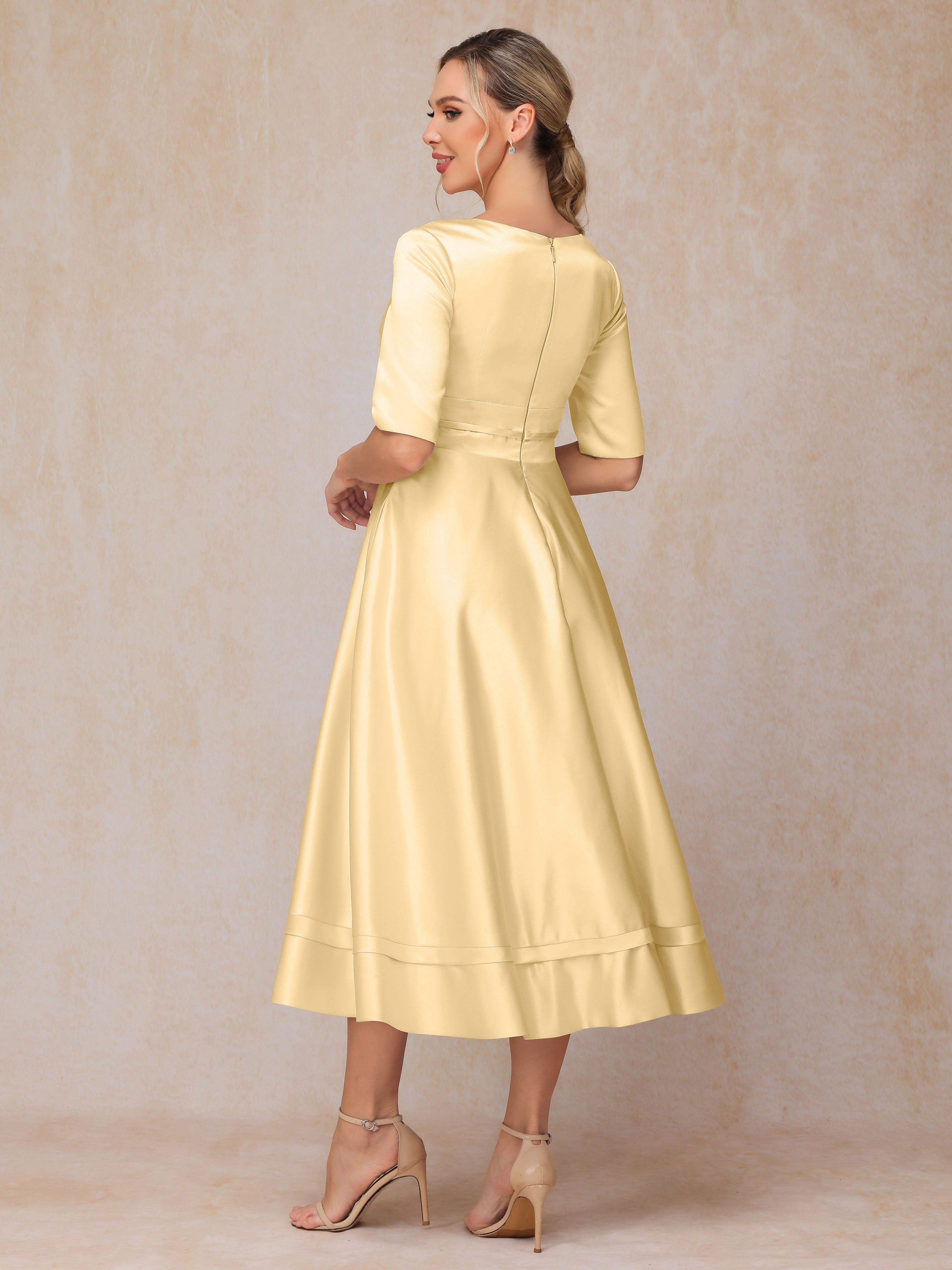 V Neck Short Sleeves Tea Length Satin Mother Of The Bride Dress