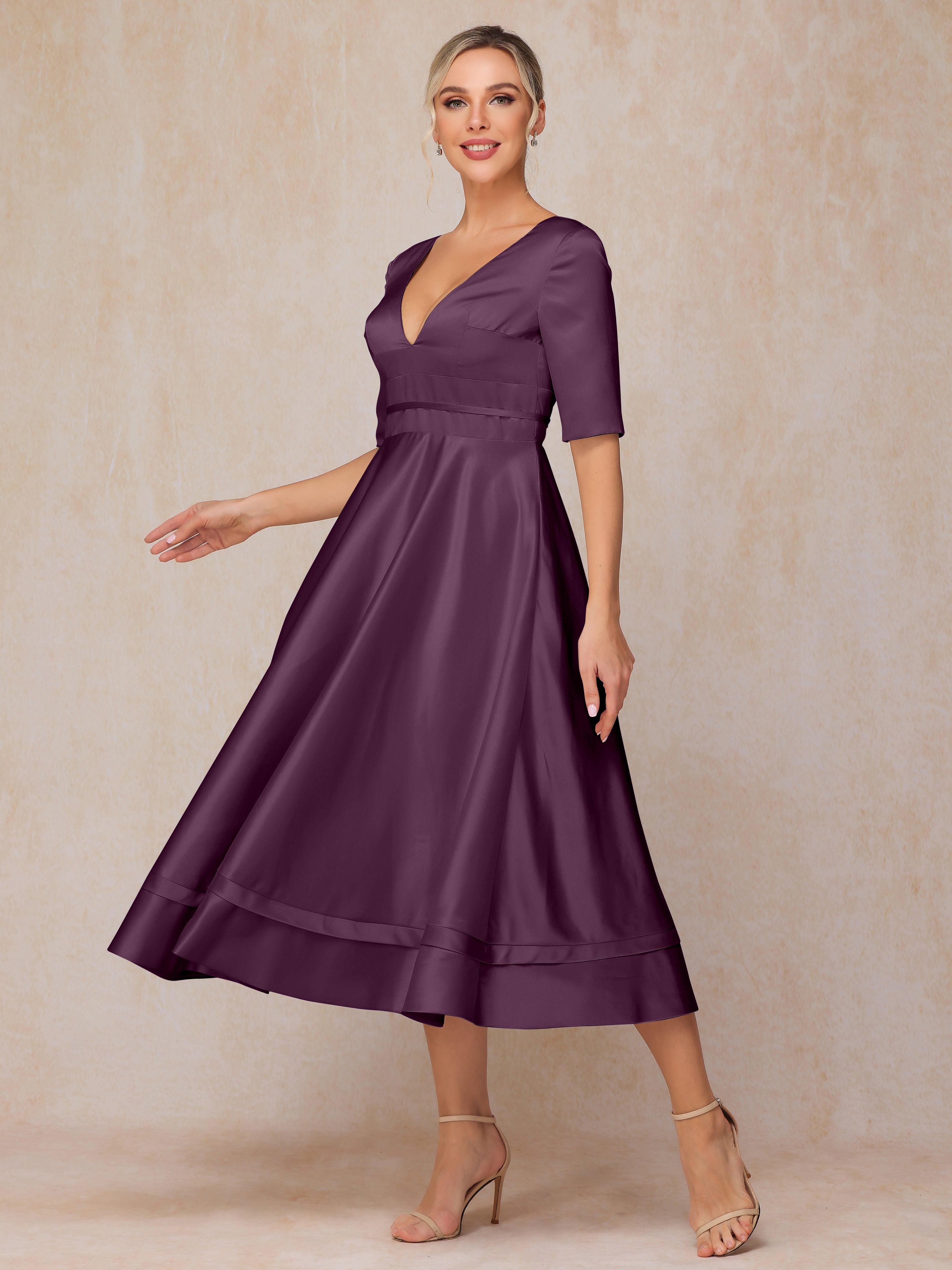 V Neck Short Sleeves Tea Length Satin Mother Of The Bride Dress
