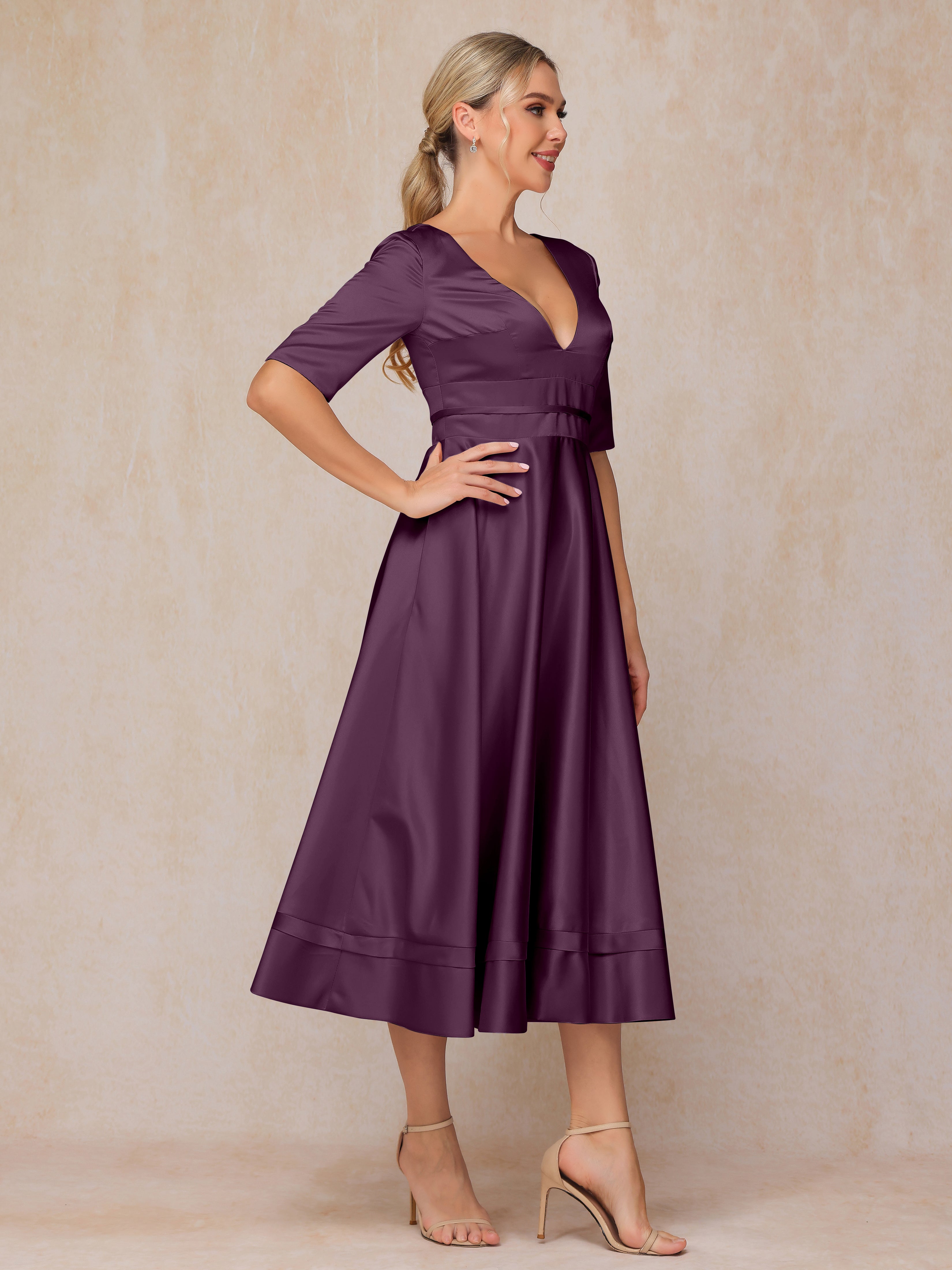 V Neck Short Sleeves Tea Length Satin Mother Of The Bride Dress