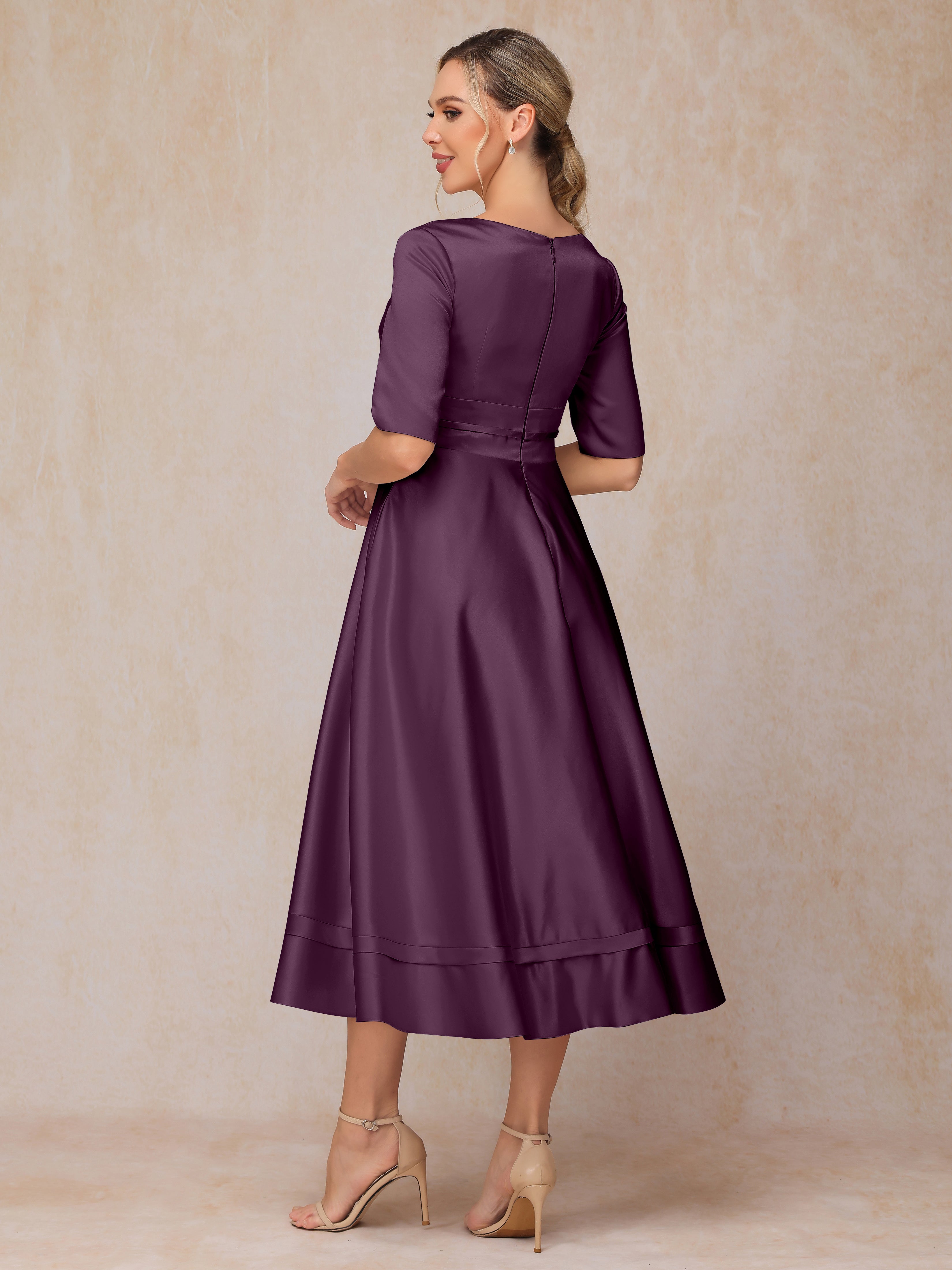 V Neck Short Sleeves Tea Length Satin Mother Of The Bride Dress