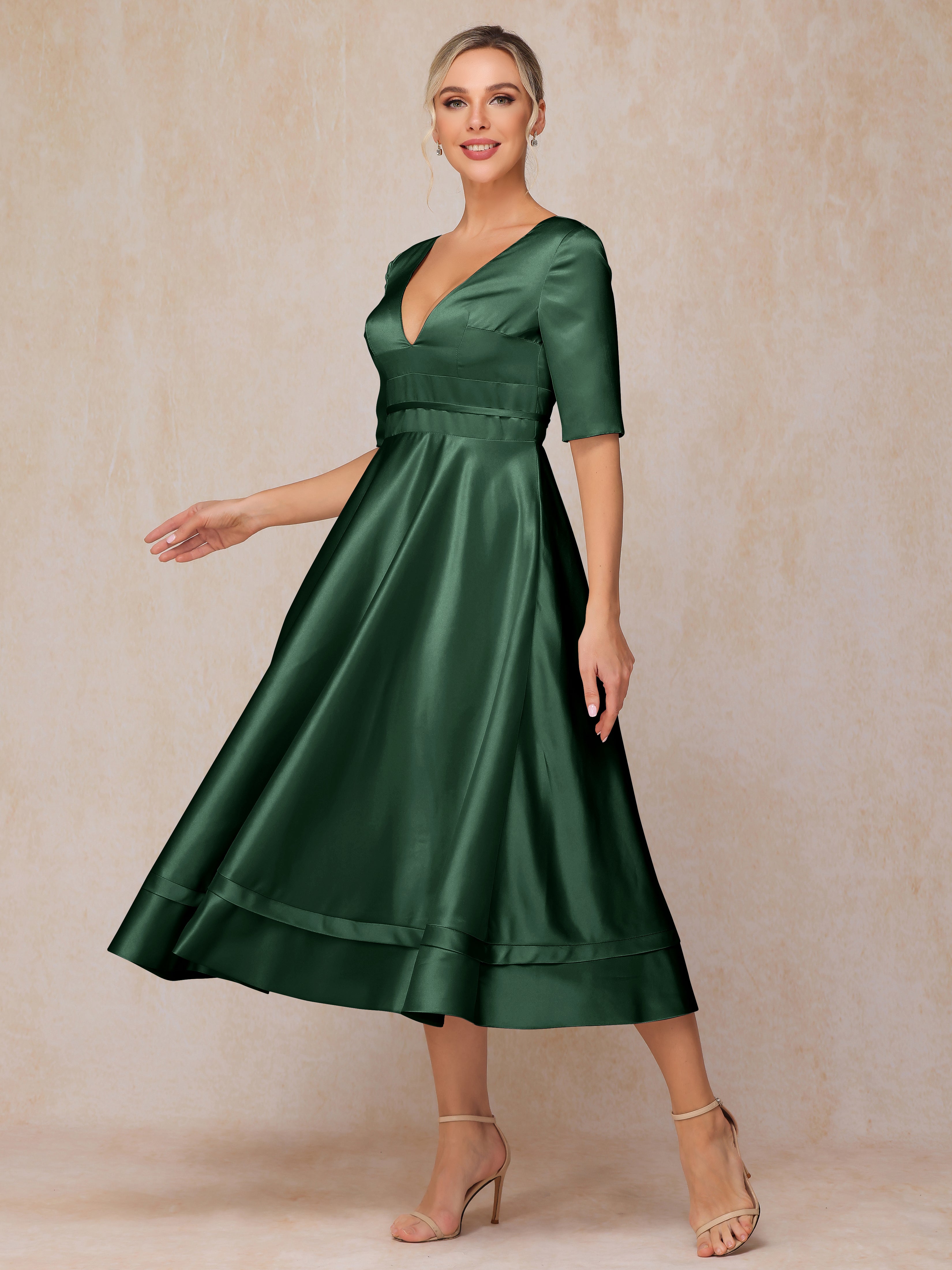 V Neck Short Sleeves Tea Length Satin Mother Of The Bride Dress