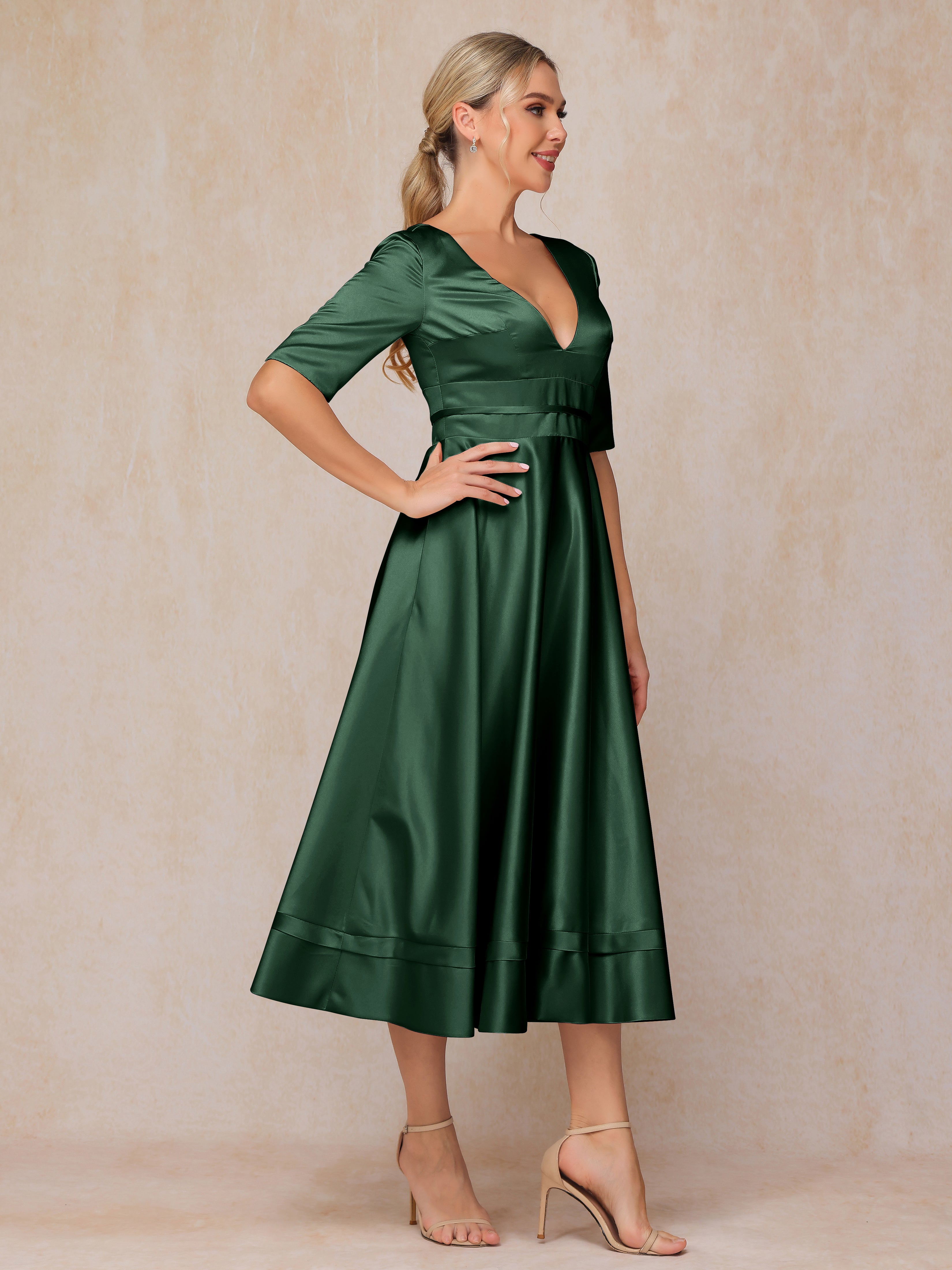V Neck Short Sleeves Tea Length Satin Mother Of The Bride Dress