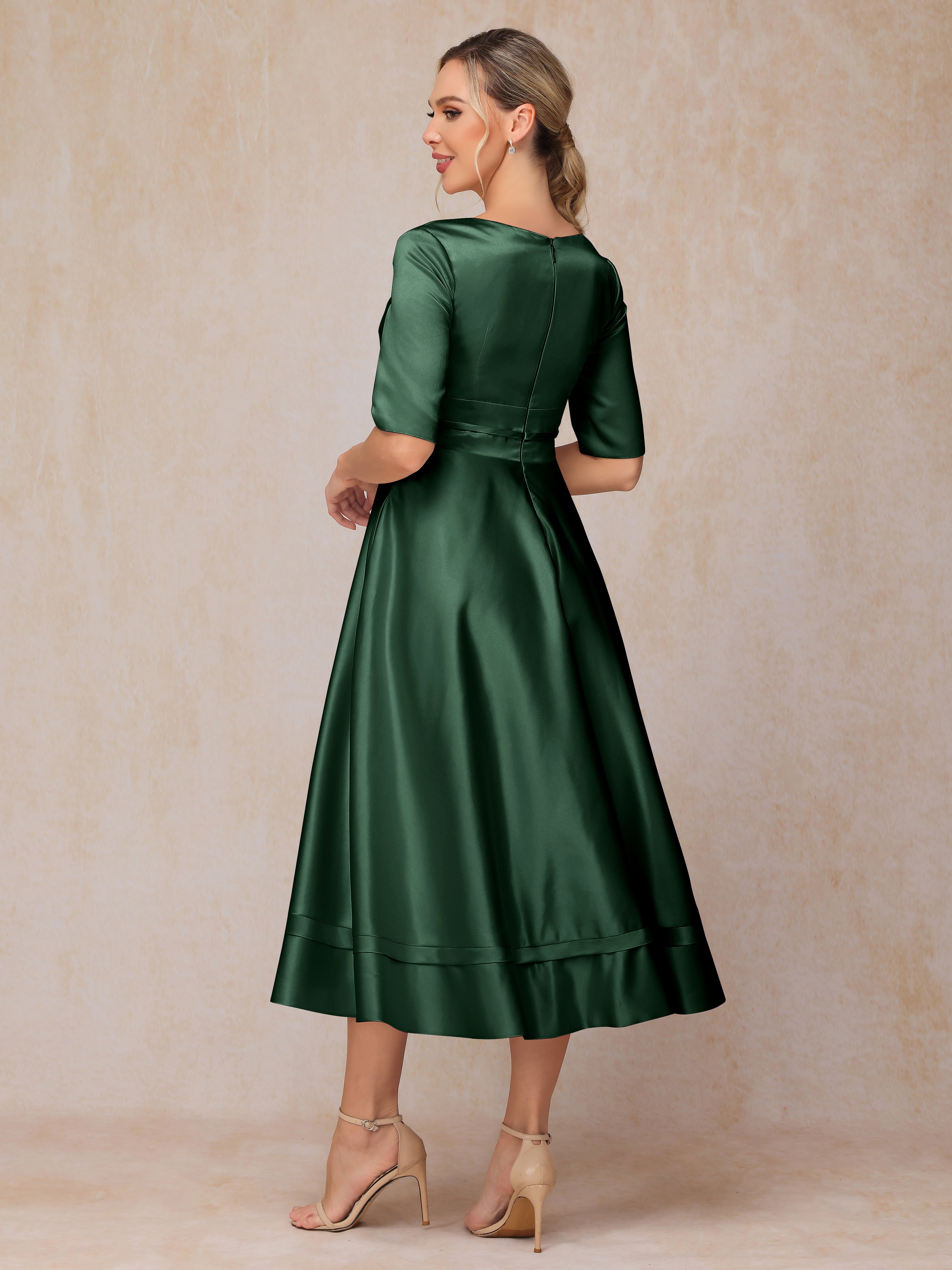 V Neck Short Sleeves Tea Length Satin Mother Of The Bride Dress