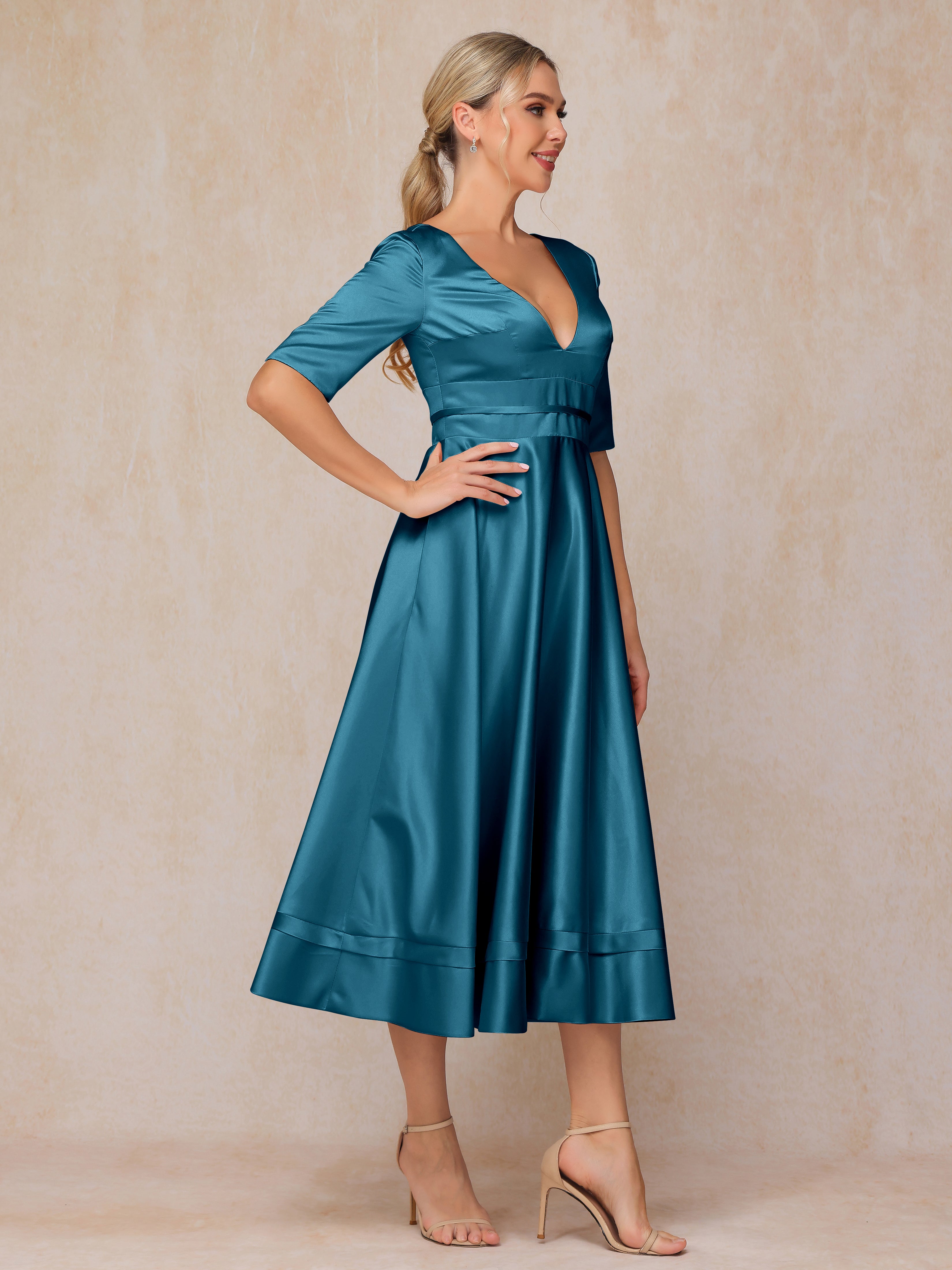 V Neck Short Sleeves Tea Length Satin Mother Of The Bride Dress