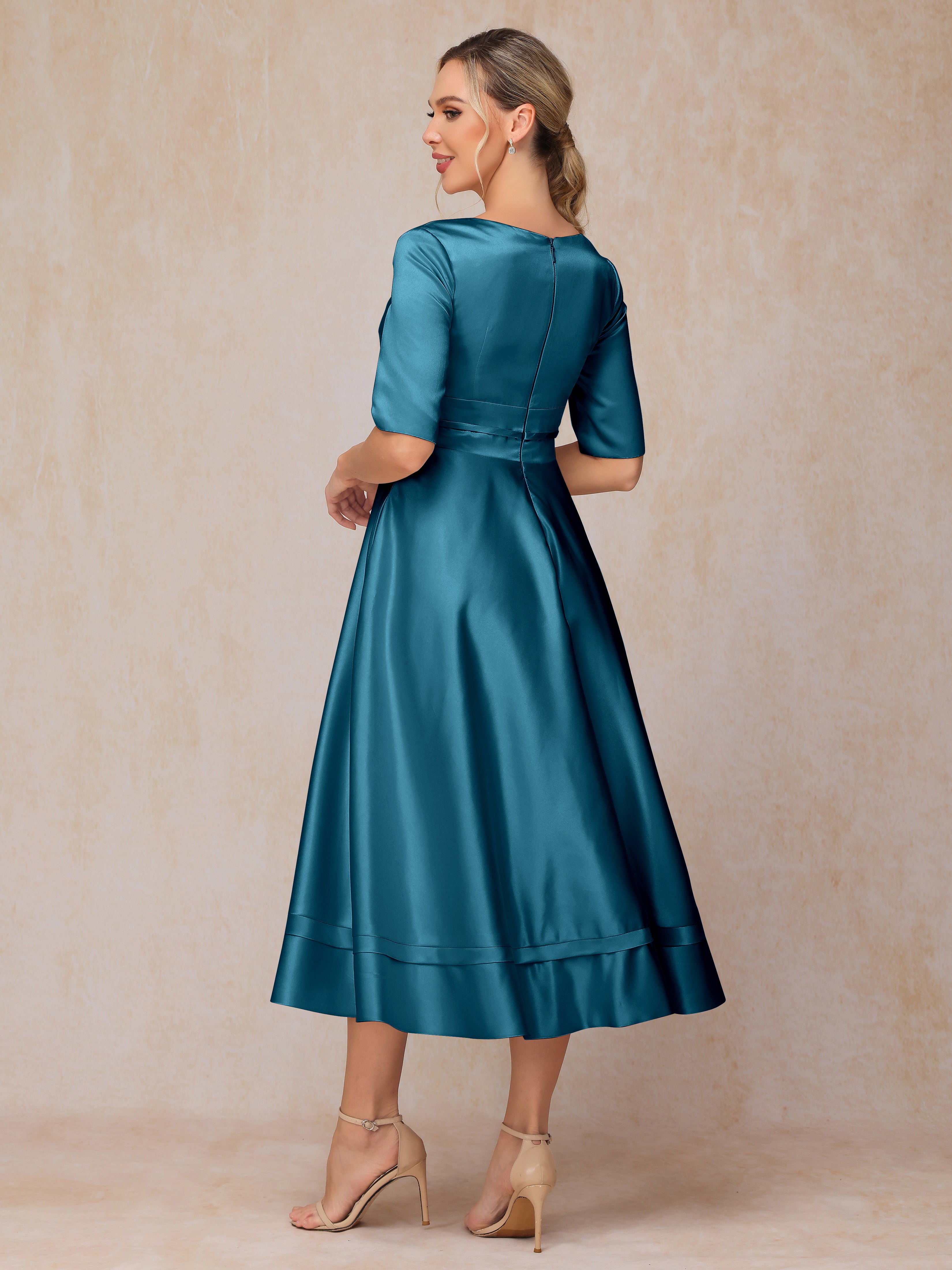 V Neck Short Sleeves Tea Length Satin Mother Of The Bride Dress