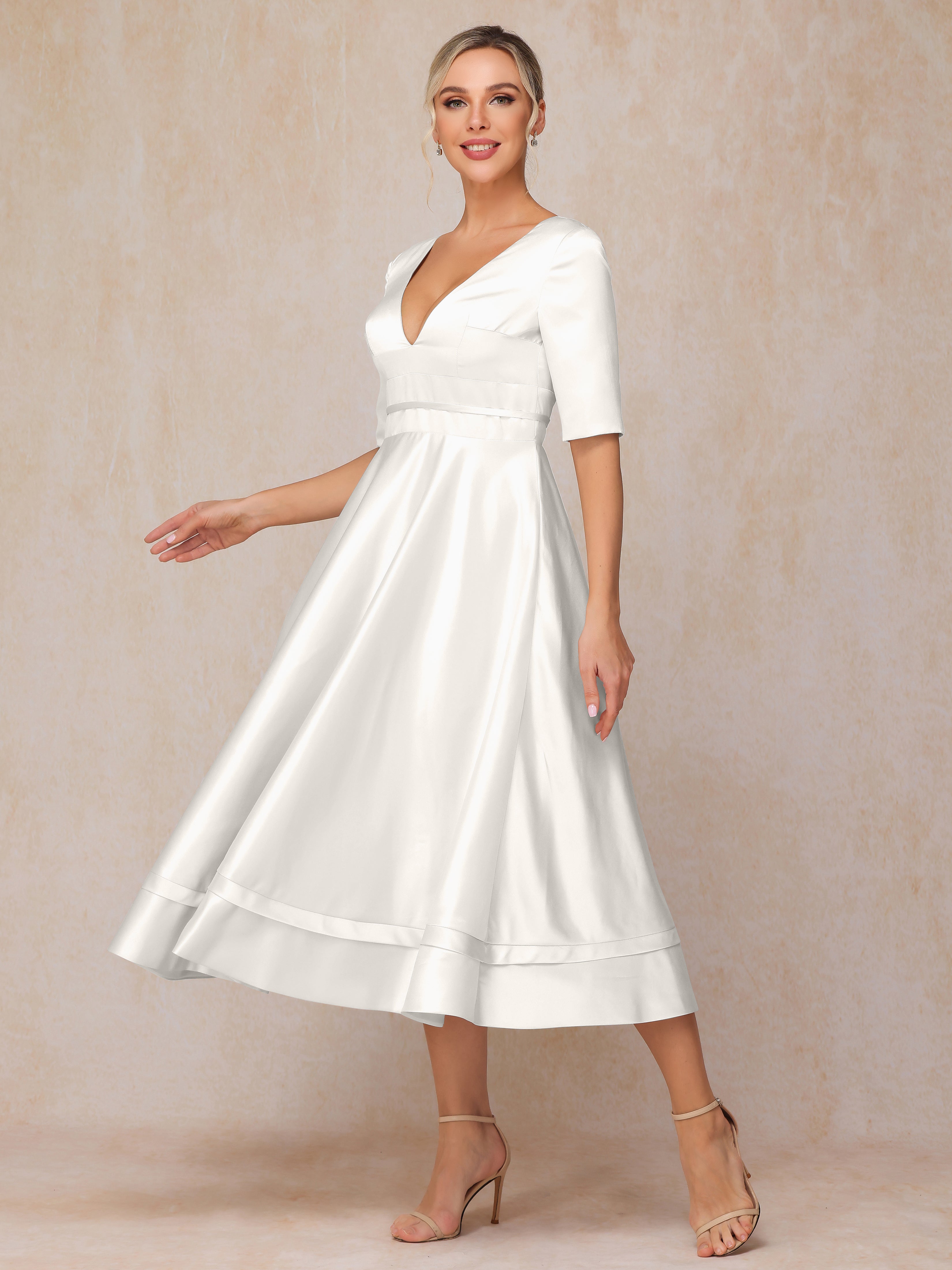 V Neck Short Sleeves Tea Length Satin Mother Of The Bride Dress