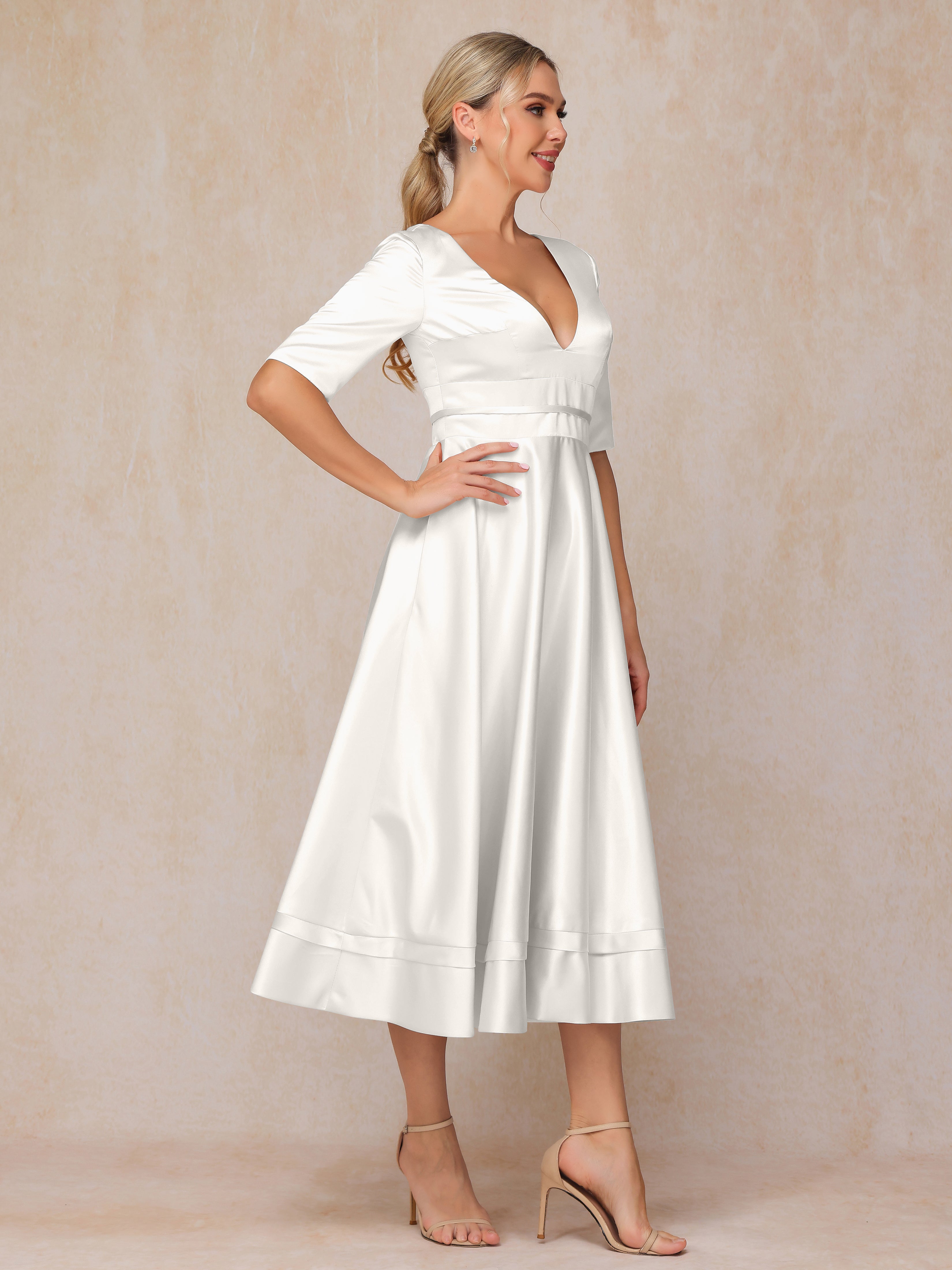V Neck Short Sleeves Tea Length Satin Mother Of The Bride Dress