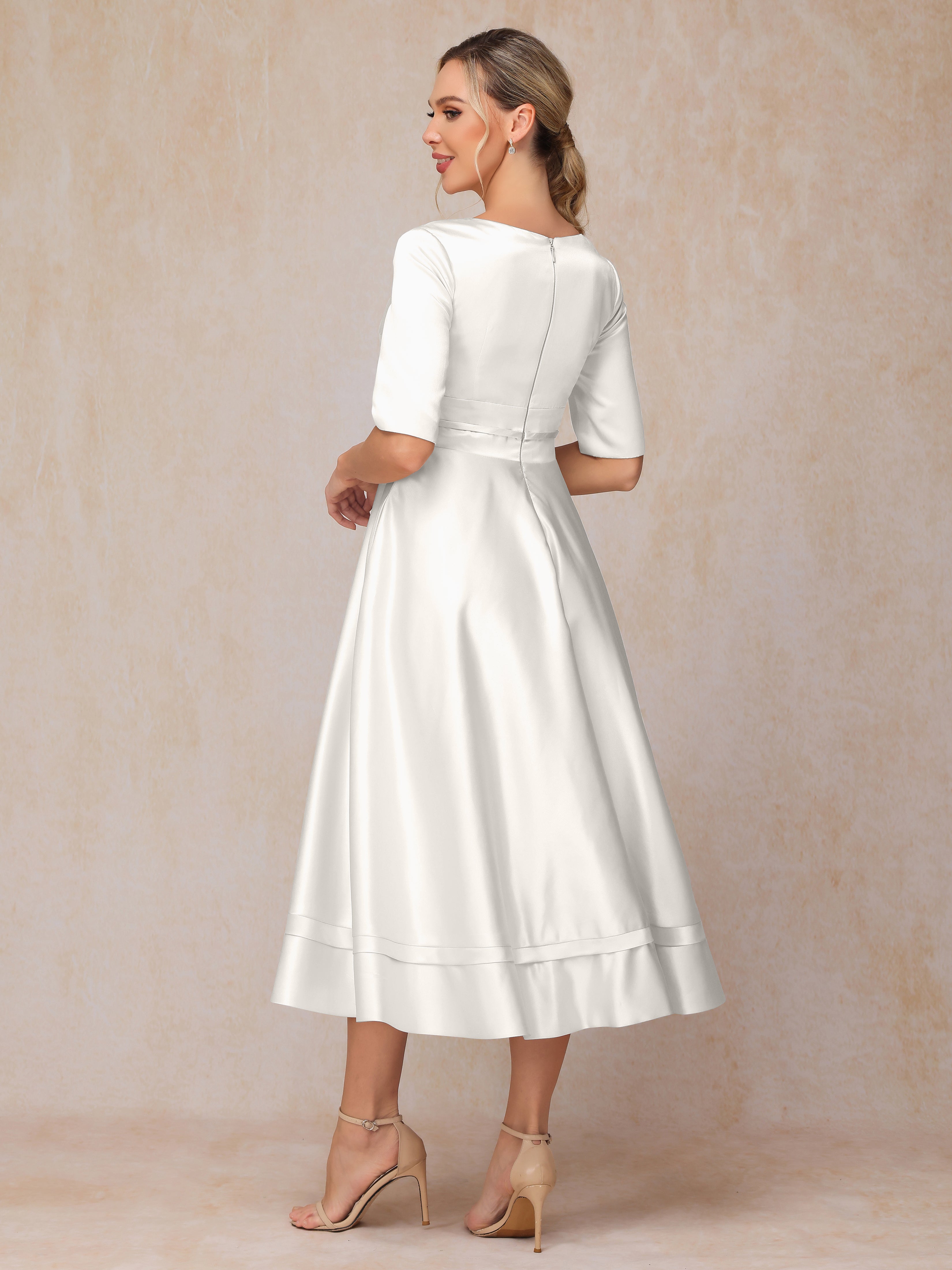V Neck Short Sleeves Tea Length Satin Mother Of The Bride Dress