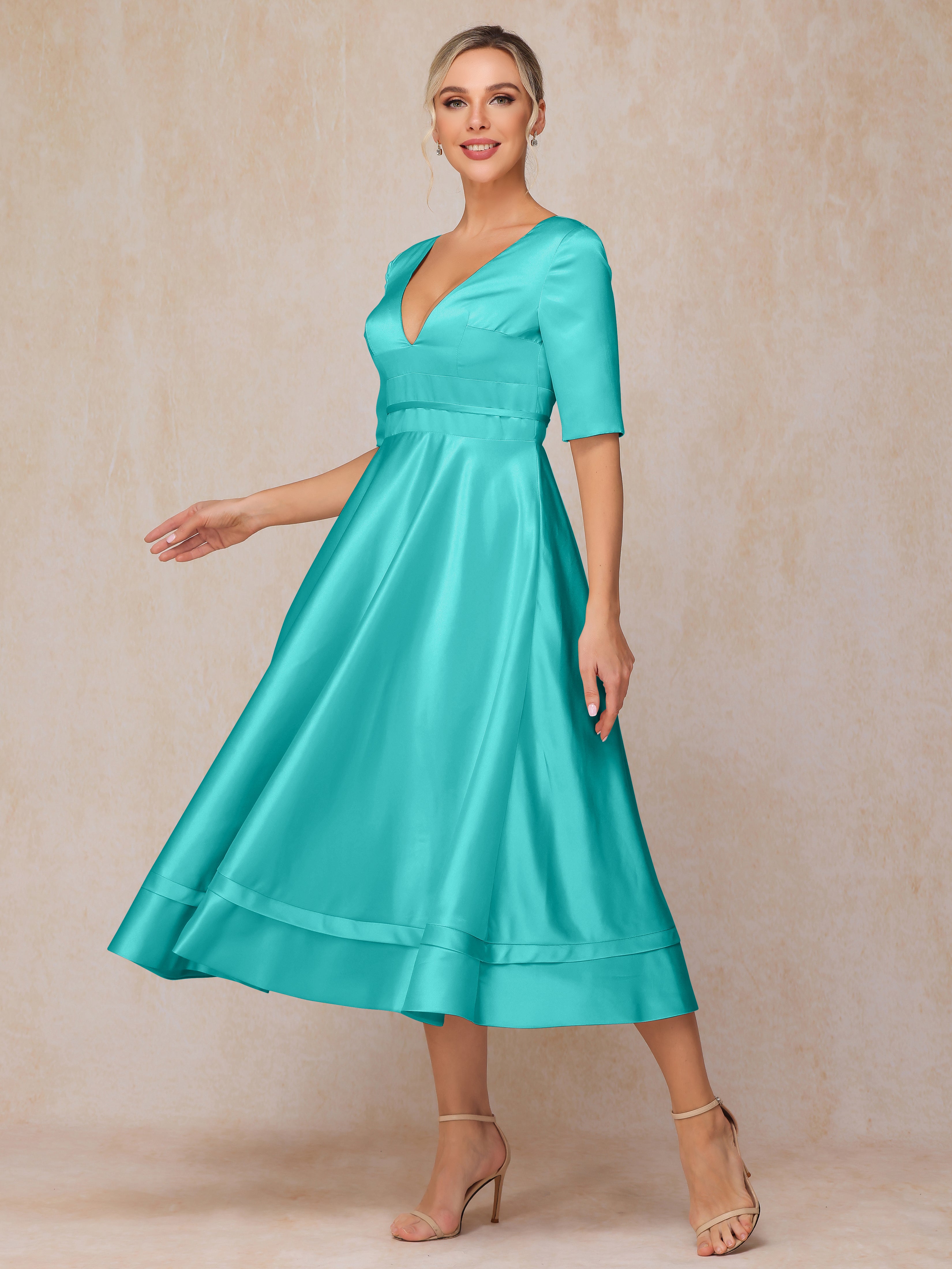 V Neck Short Sleeves Tea Length Satin Mother Of The Bride Dress