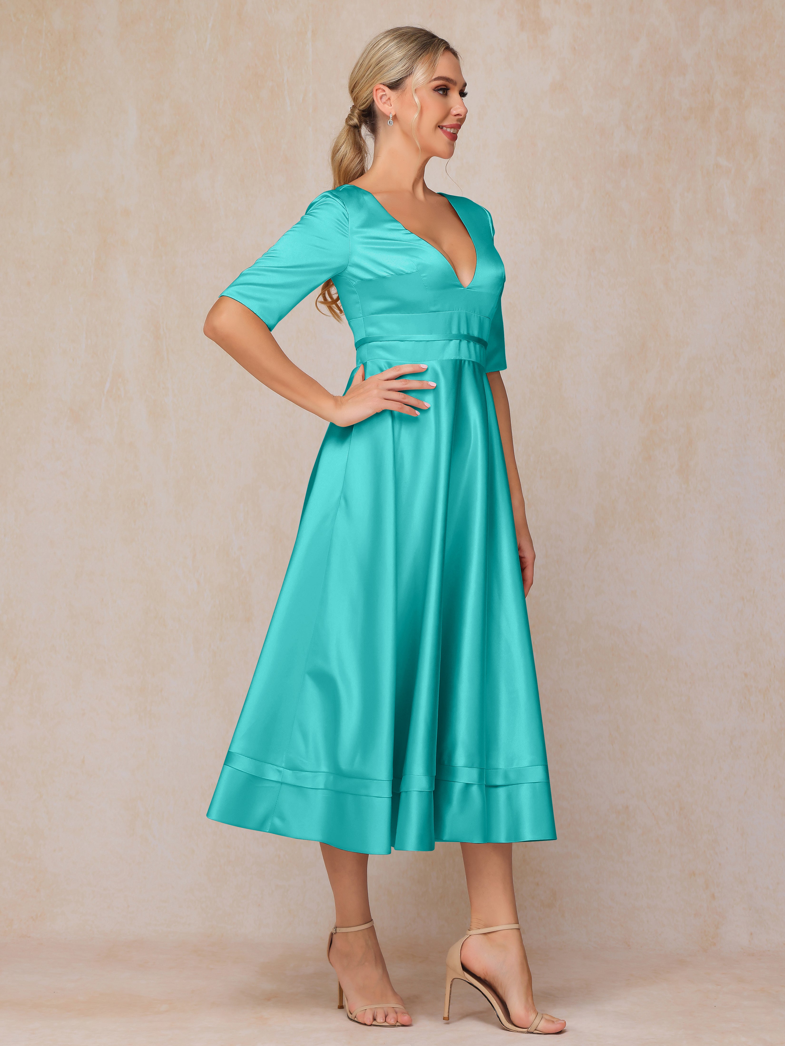 V Neck Short Sleeves Tea Length Satin Mother Of The Bride Dress