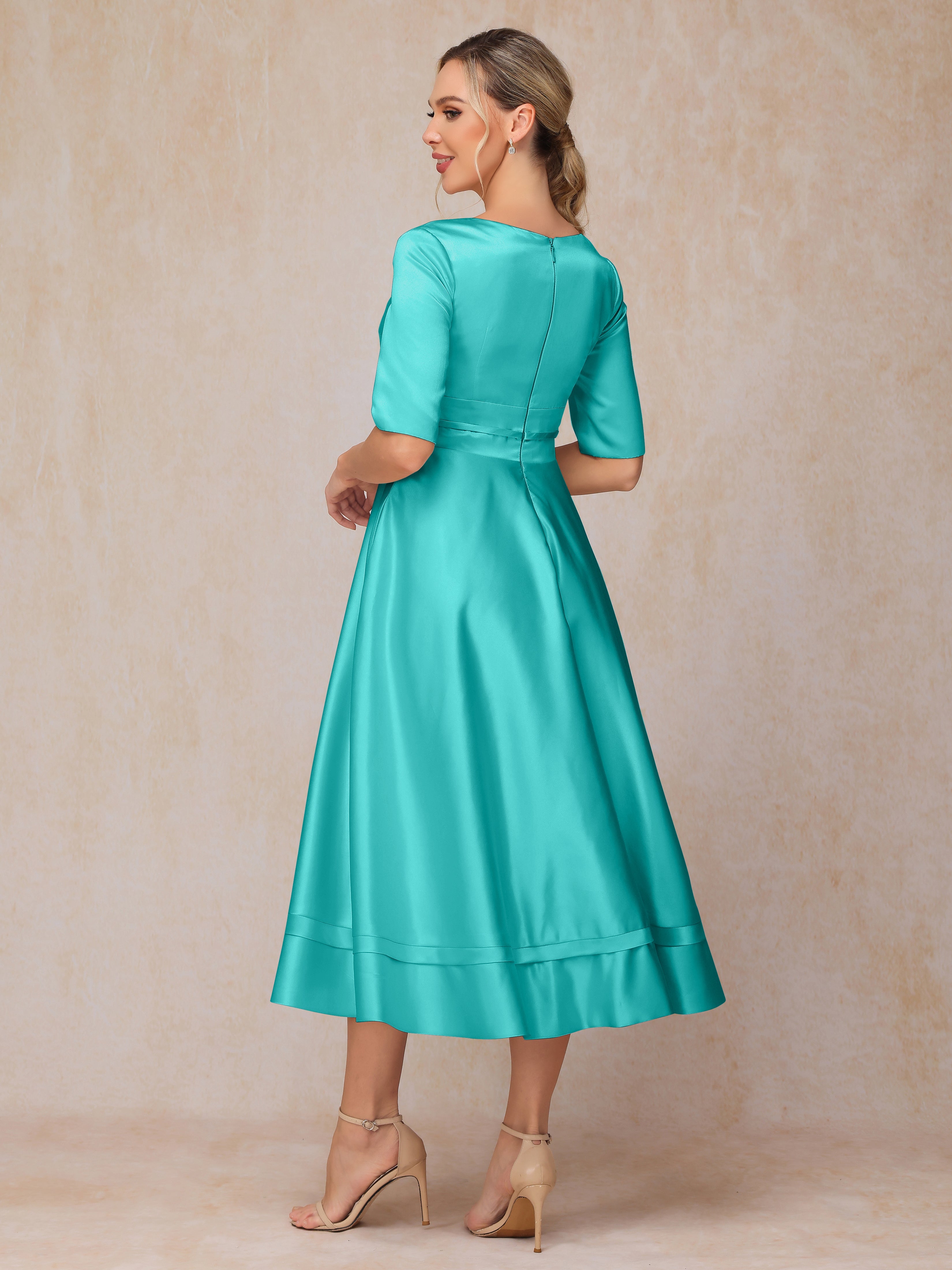 V Neck Short Sleeves Tea Length Satin Mother Of The Groom Dress