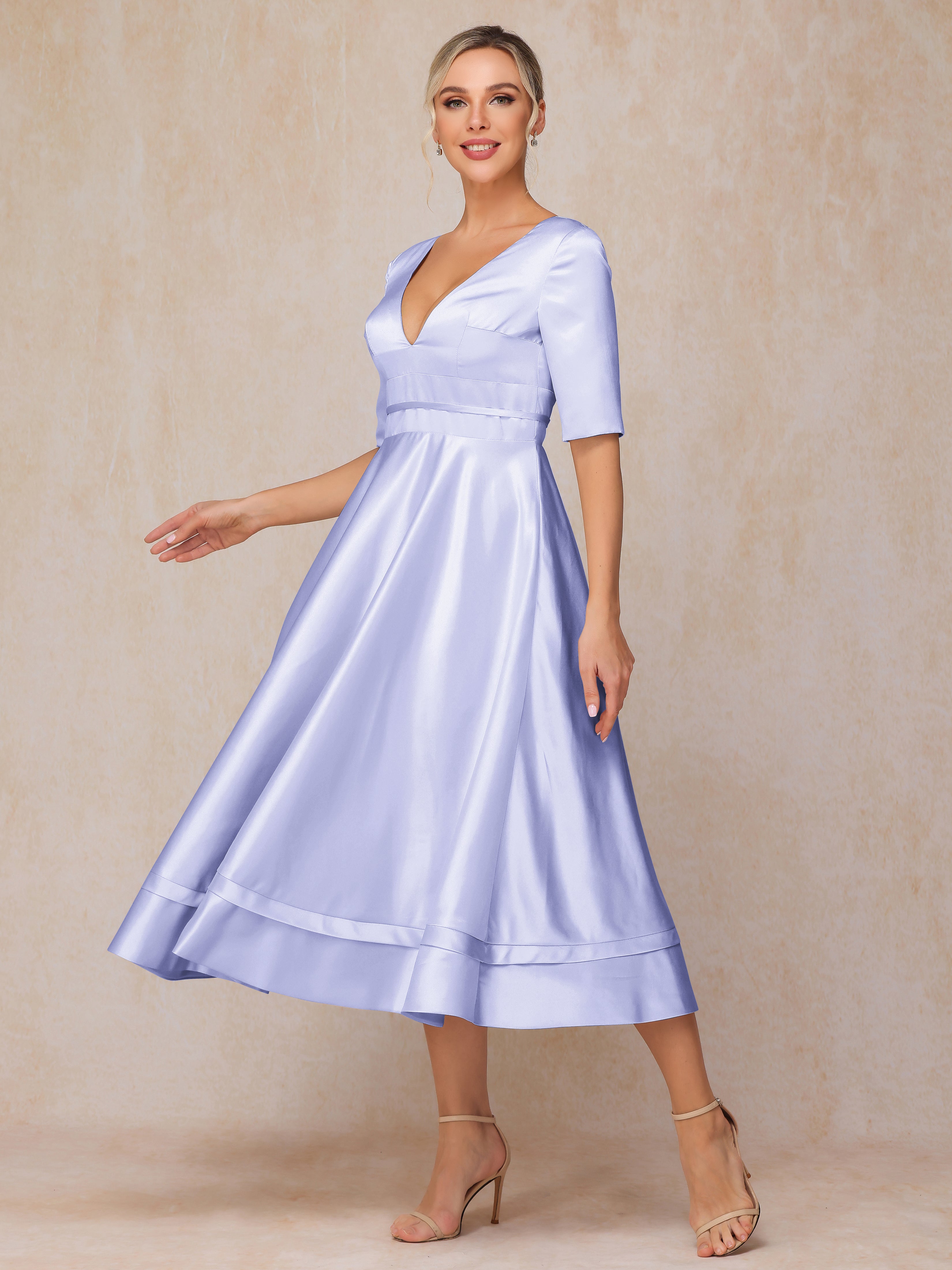 V Neck Short Sleeves Tea Length Satin Mother Of The Bride Dress