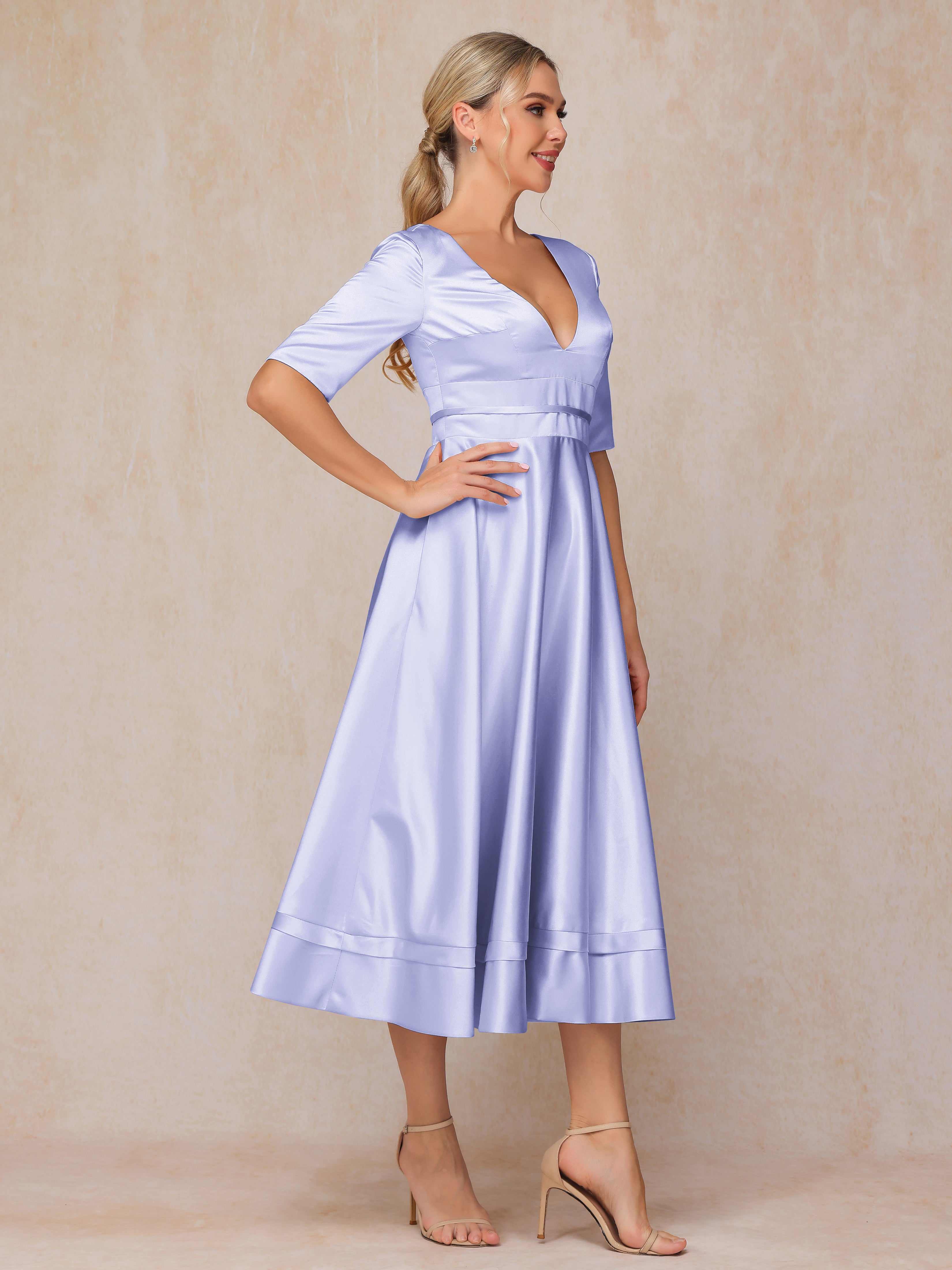 V Neck Short Sleeves Tea Length Satin Mother Of The Bride Dress