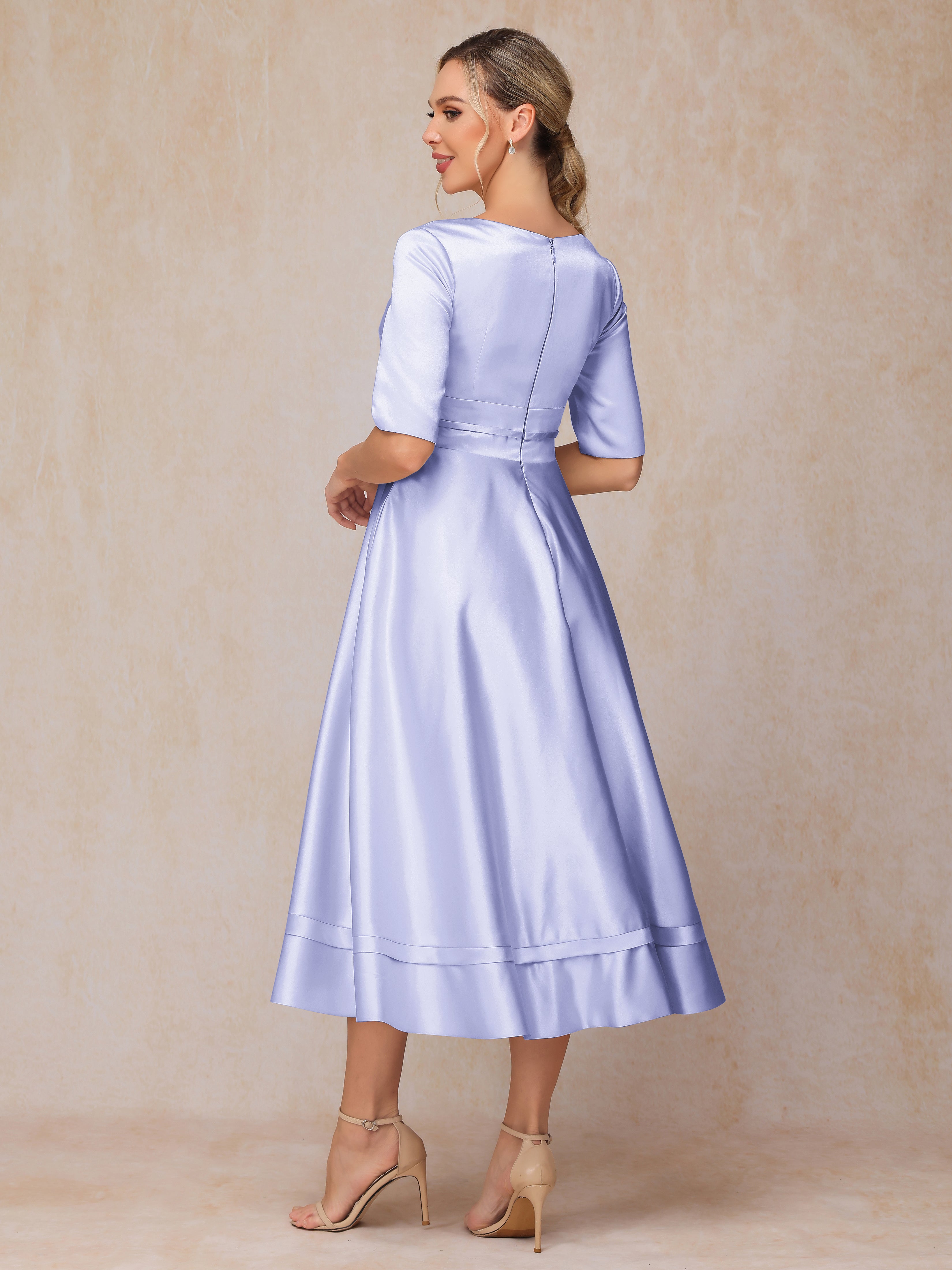 V Neck Short Sleeves Tea Length Satin Mother Of The Bride Dress