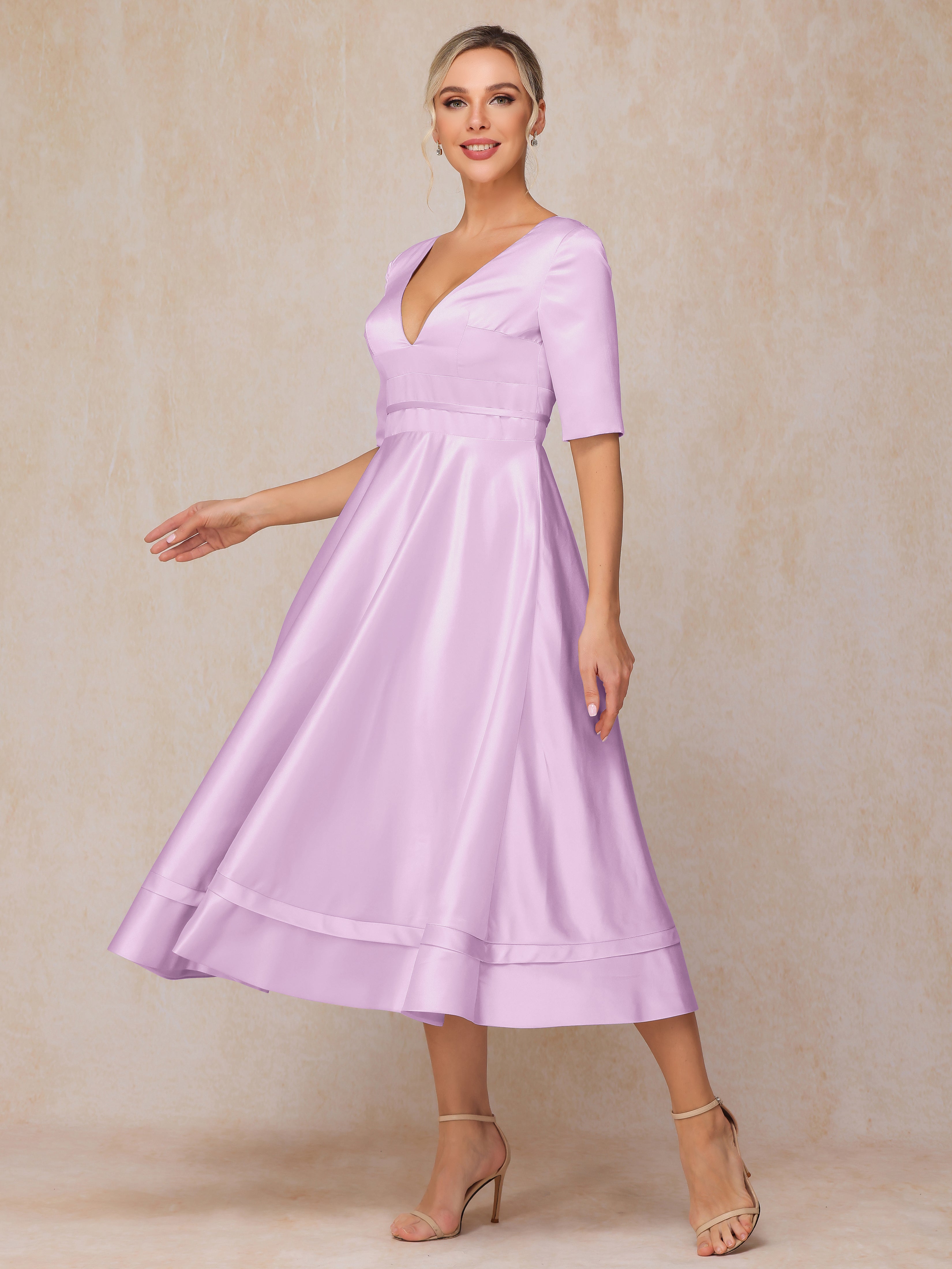 V Neck Short Sleeves Tea Length Satin Mother Of The Groom Dress