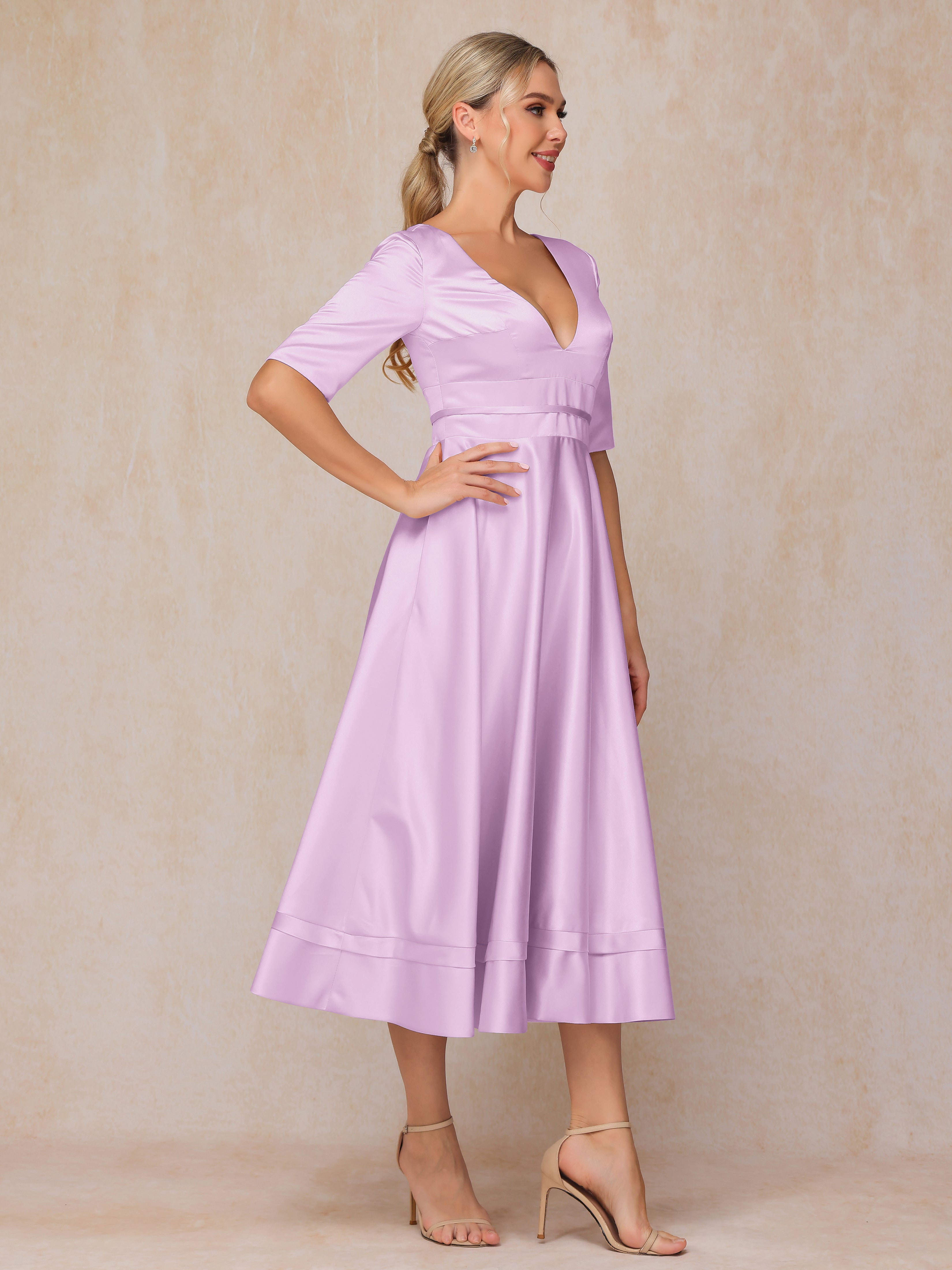 V Neck Short Sleeves Tea Length Satin Mother Of The Bride Dress