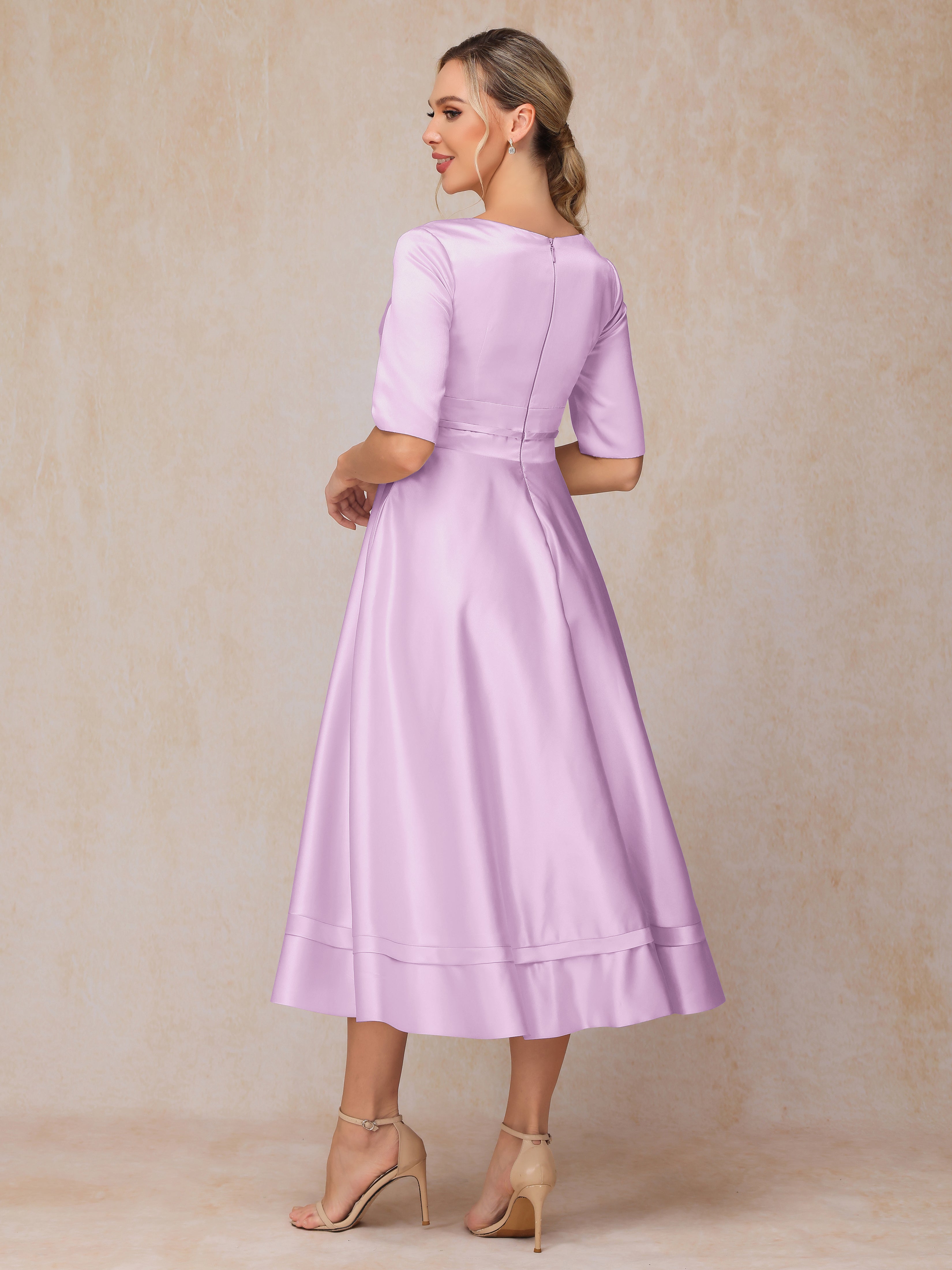 V Neck Short Sleeves Tea Length Satin Mother Of The Bride Dress