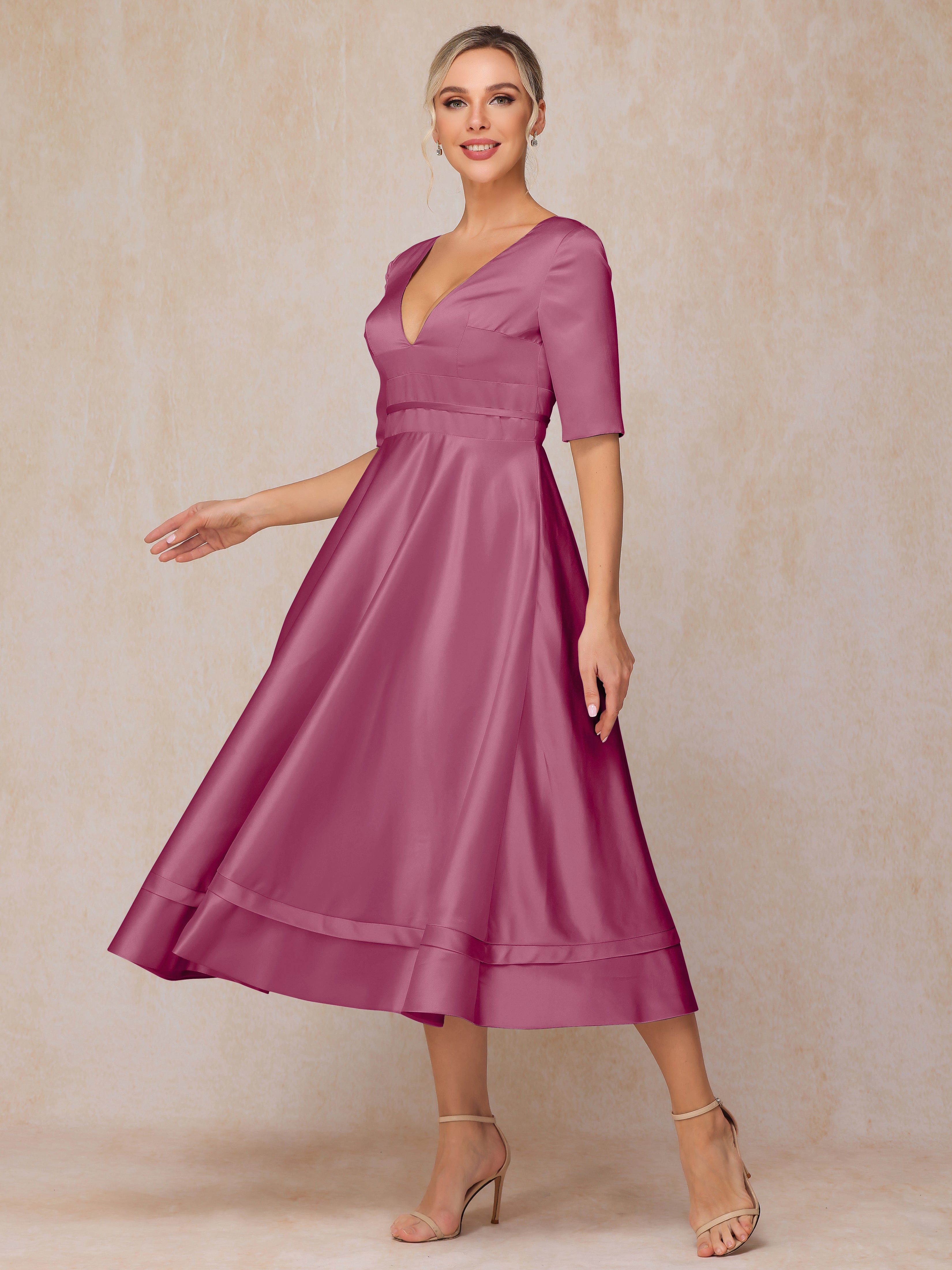 V Neck Short Sleeves Tea Length Satin Mother Of The Bride Dress