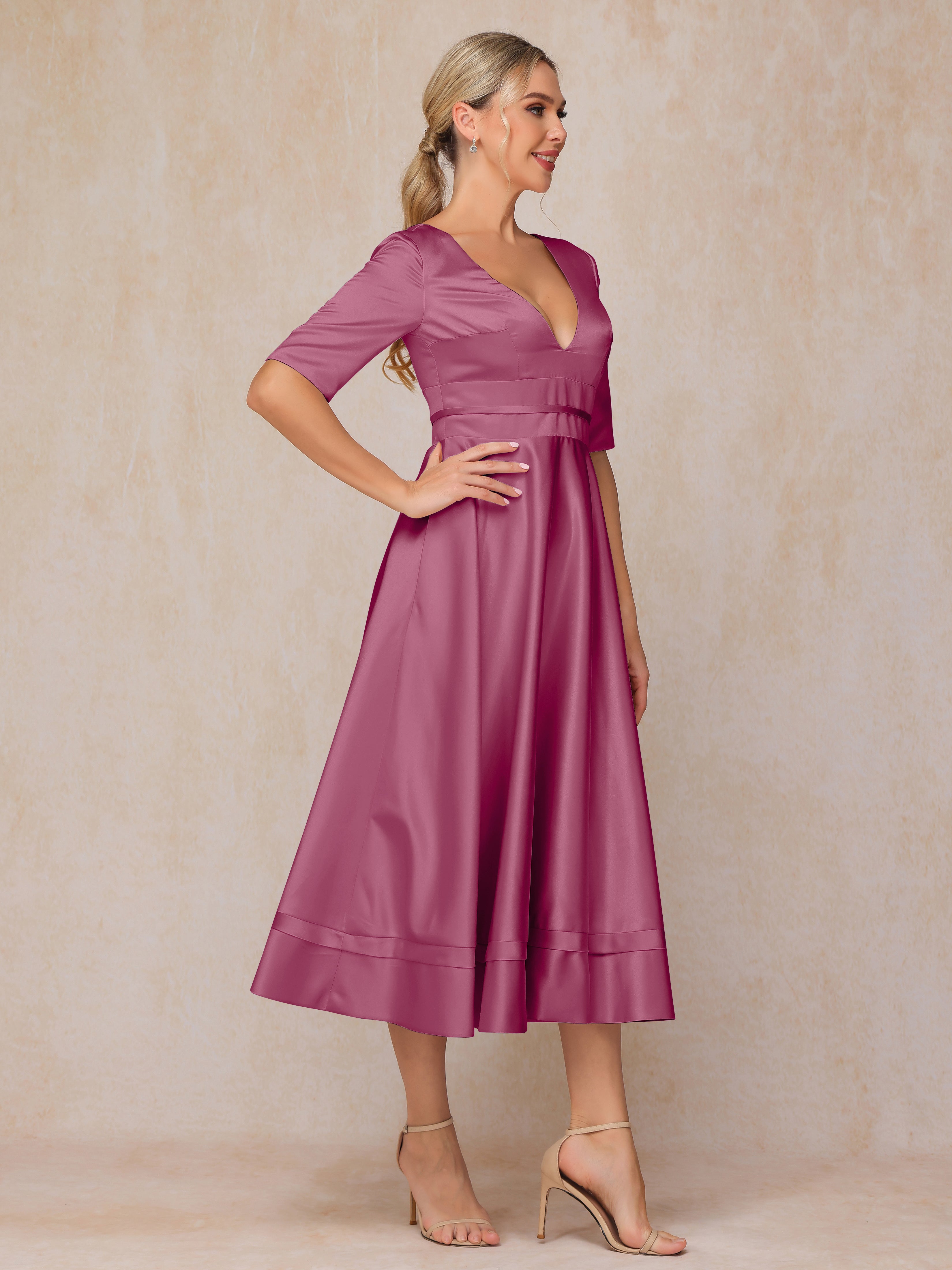 V Neck Short Sleeves Tea Length Satin Mother Of The Bride Dress