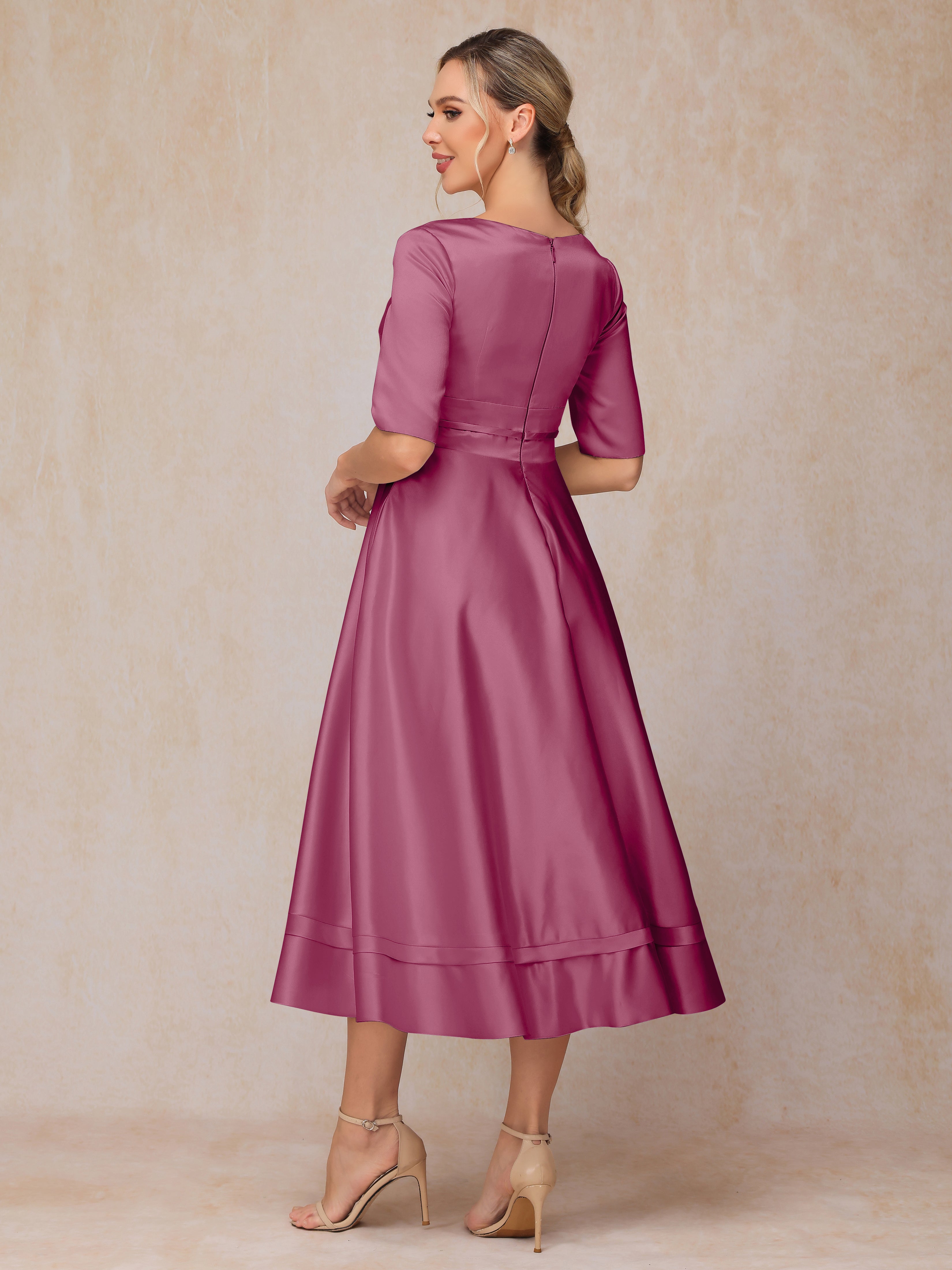 V Neck Short Sleeves Tea Length Satin Mother Of The Bride Dress
