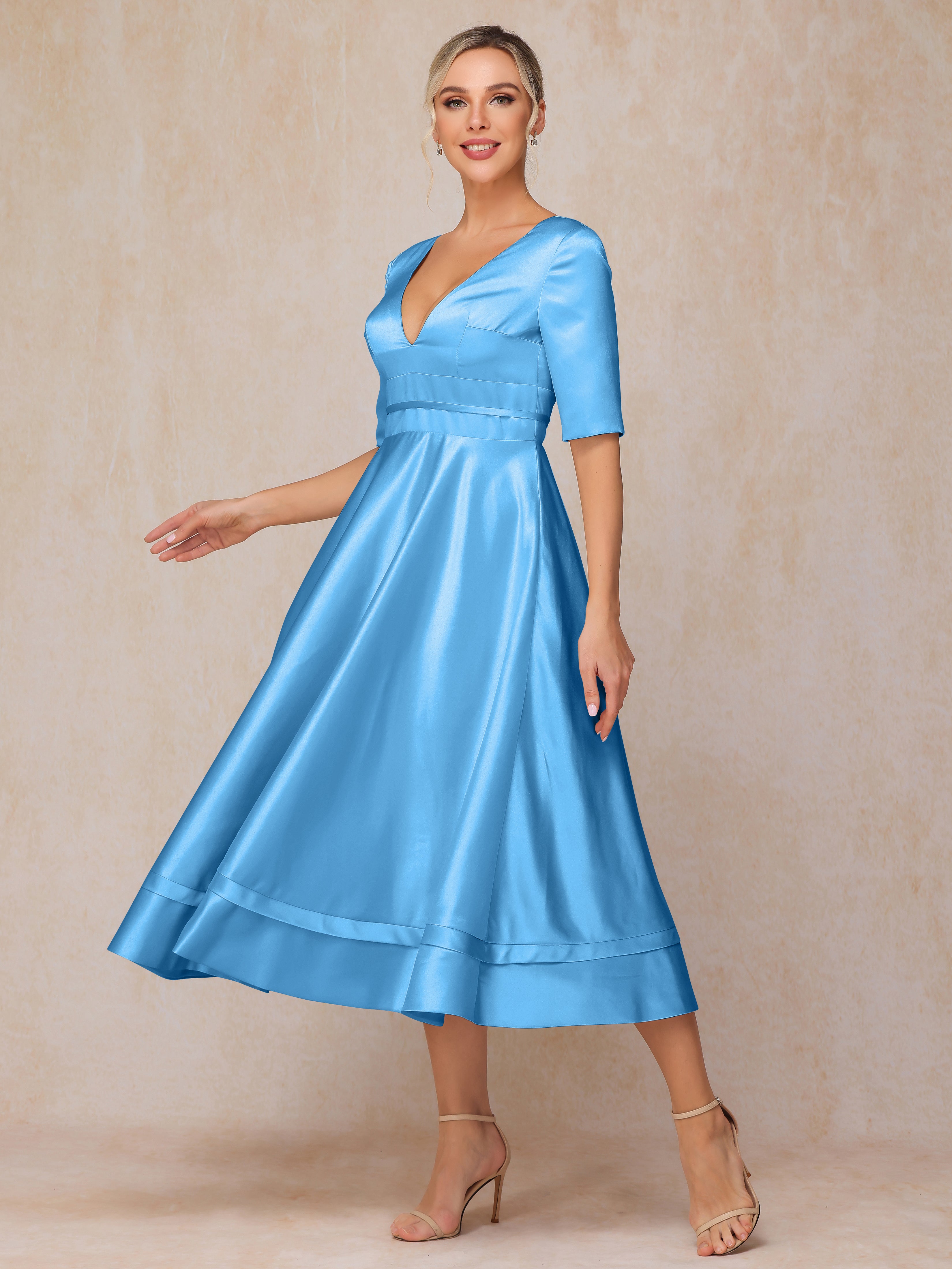 V Neck Short Sleeves Tea Length Satin Mother Of The Bride Dress