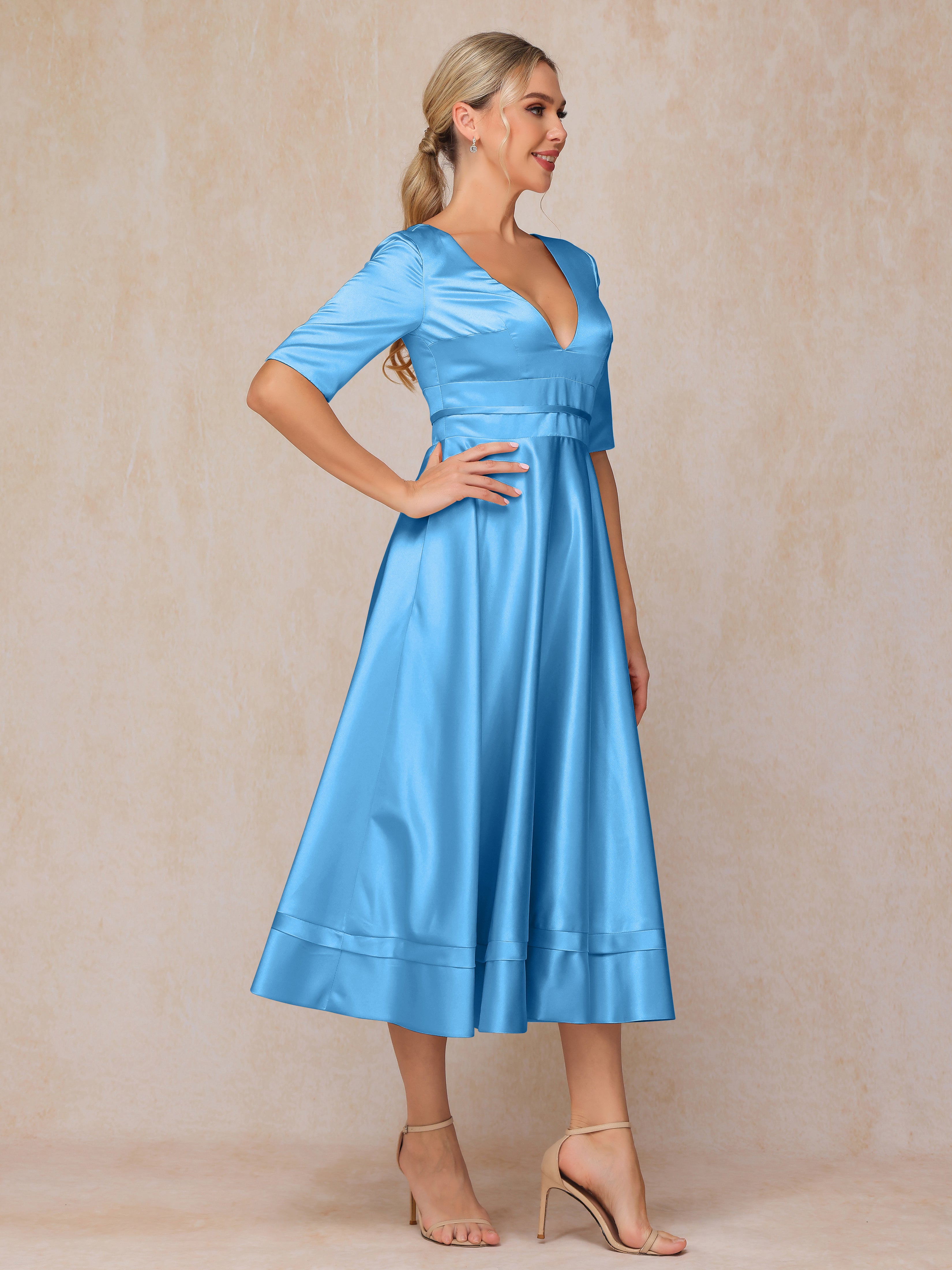 V Neck Short Sleeves Tea Length Satin Mother Of The Bride Dress