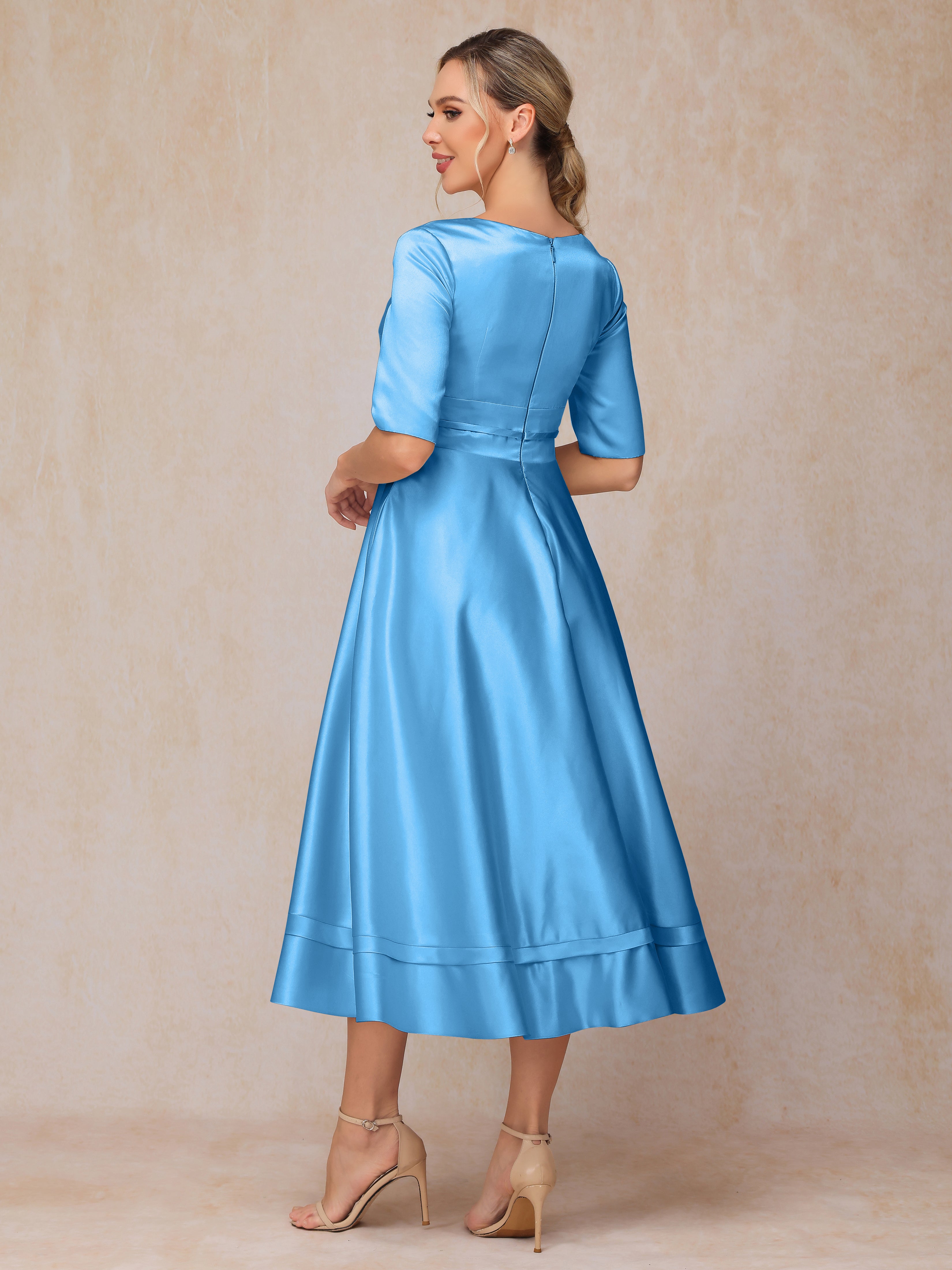 V Neck Short Sleeves Tea Length Satin Mother Of The Bride Dress
