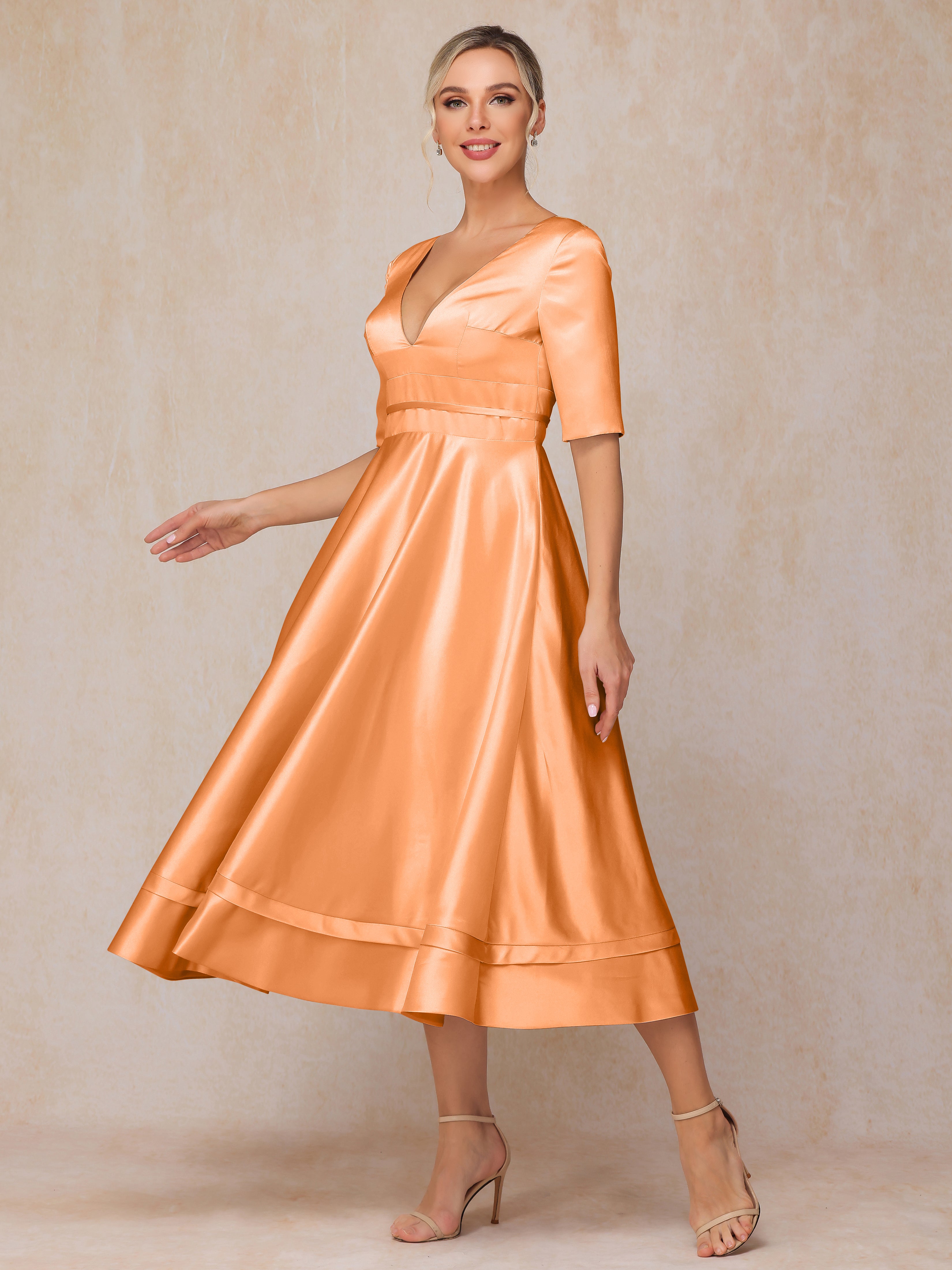V Neck Short Sleeves Tea Length Satin Mother Of The Bride Dress