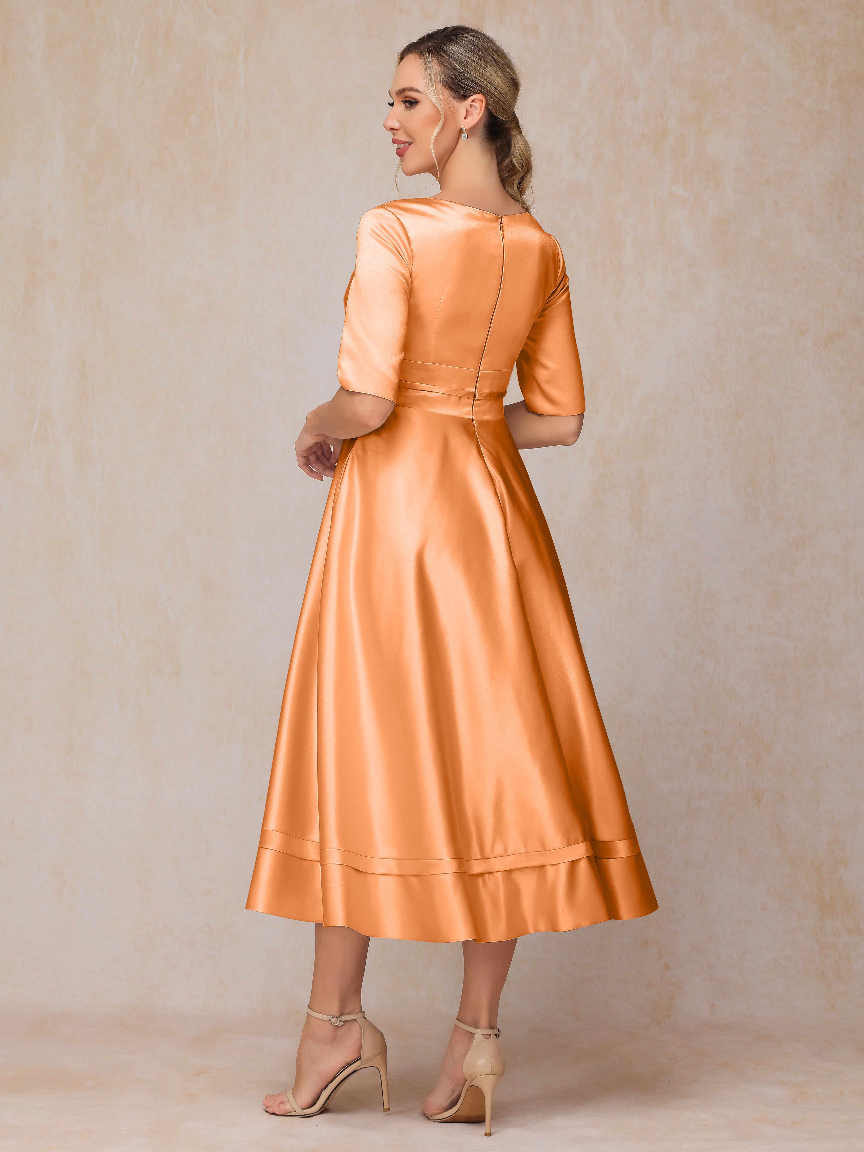 V Neck Short Sleeves Tea Length Satin Mother Of The Bride Dress
