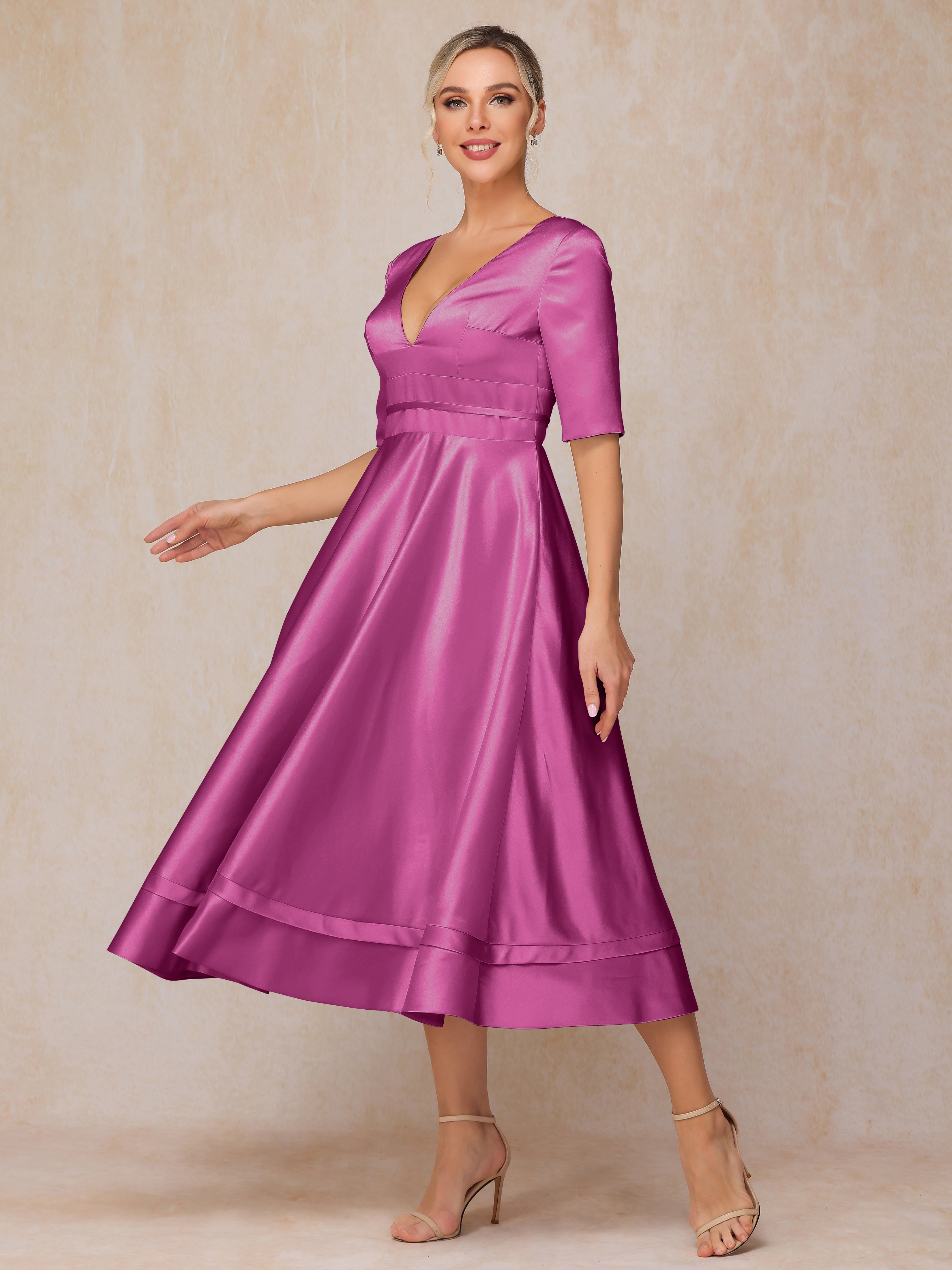 V Neck Short Sleeves Tea Length Satin Mother Of The Bride Dress