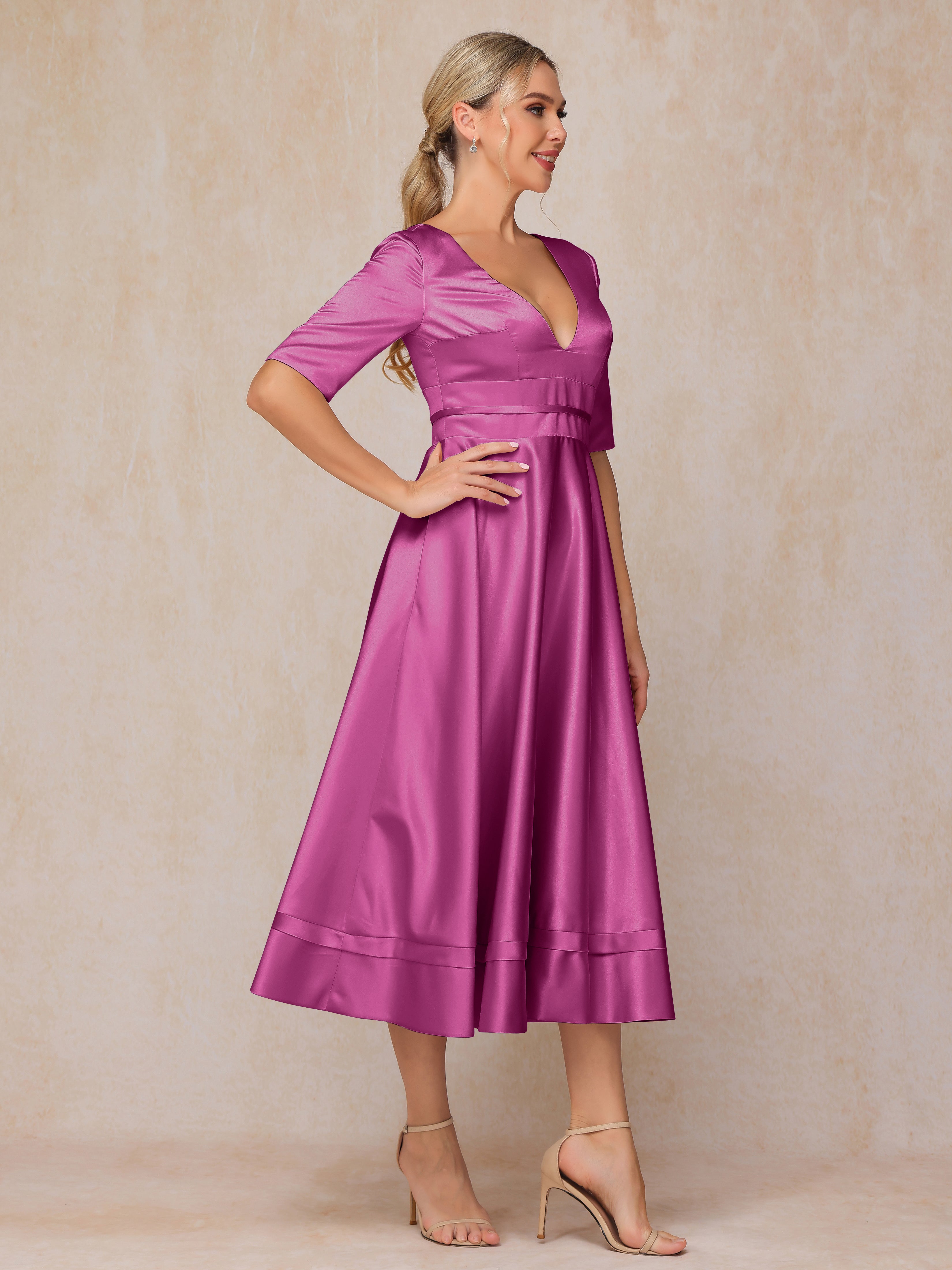 V Neck Short Sleeves Tea Length Satin Mother Of The Bride Dress