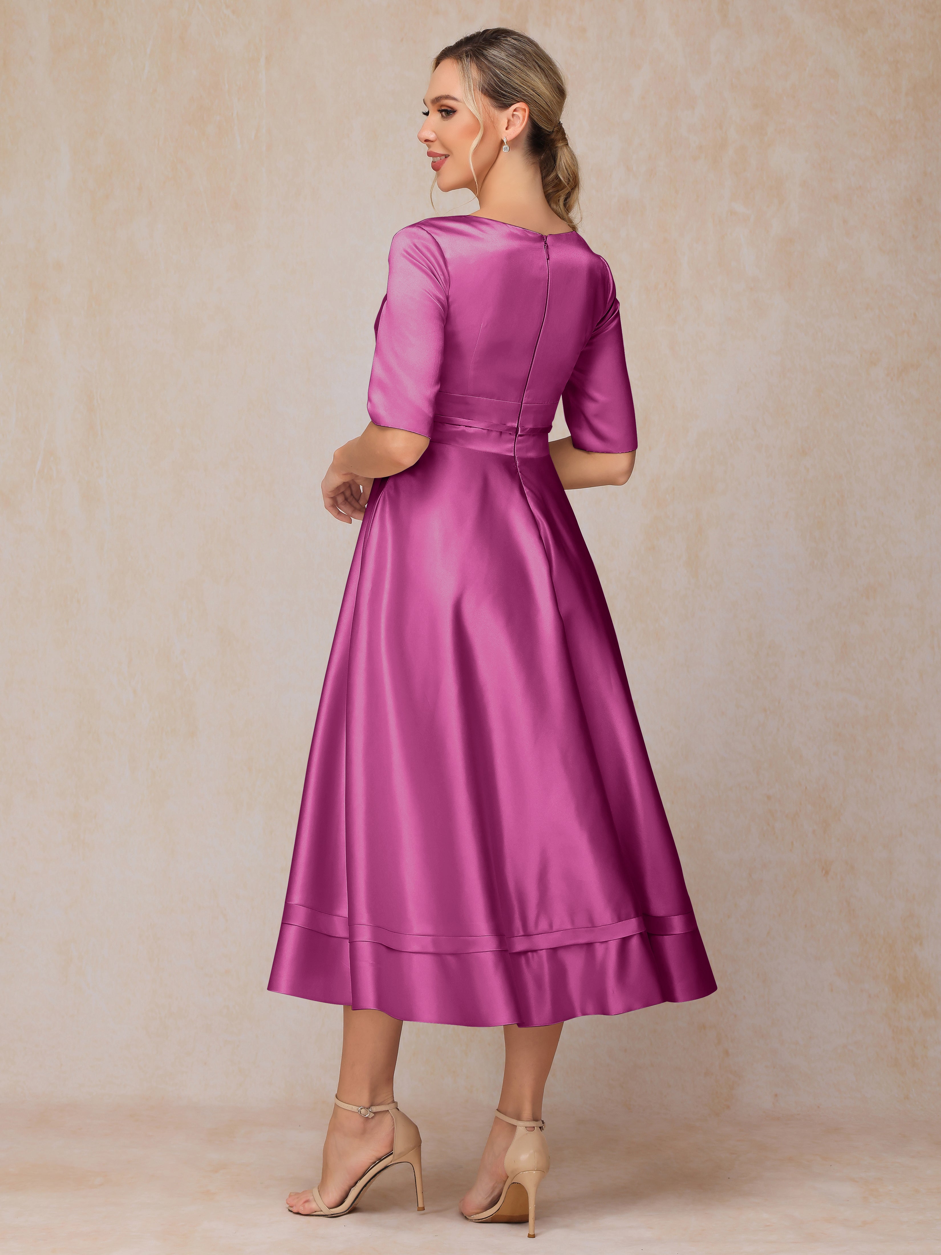 V Neck Short Sleeves Tea Length Satin Mother Of The Bride Dress